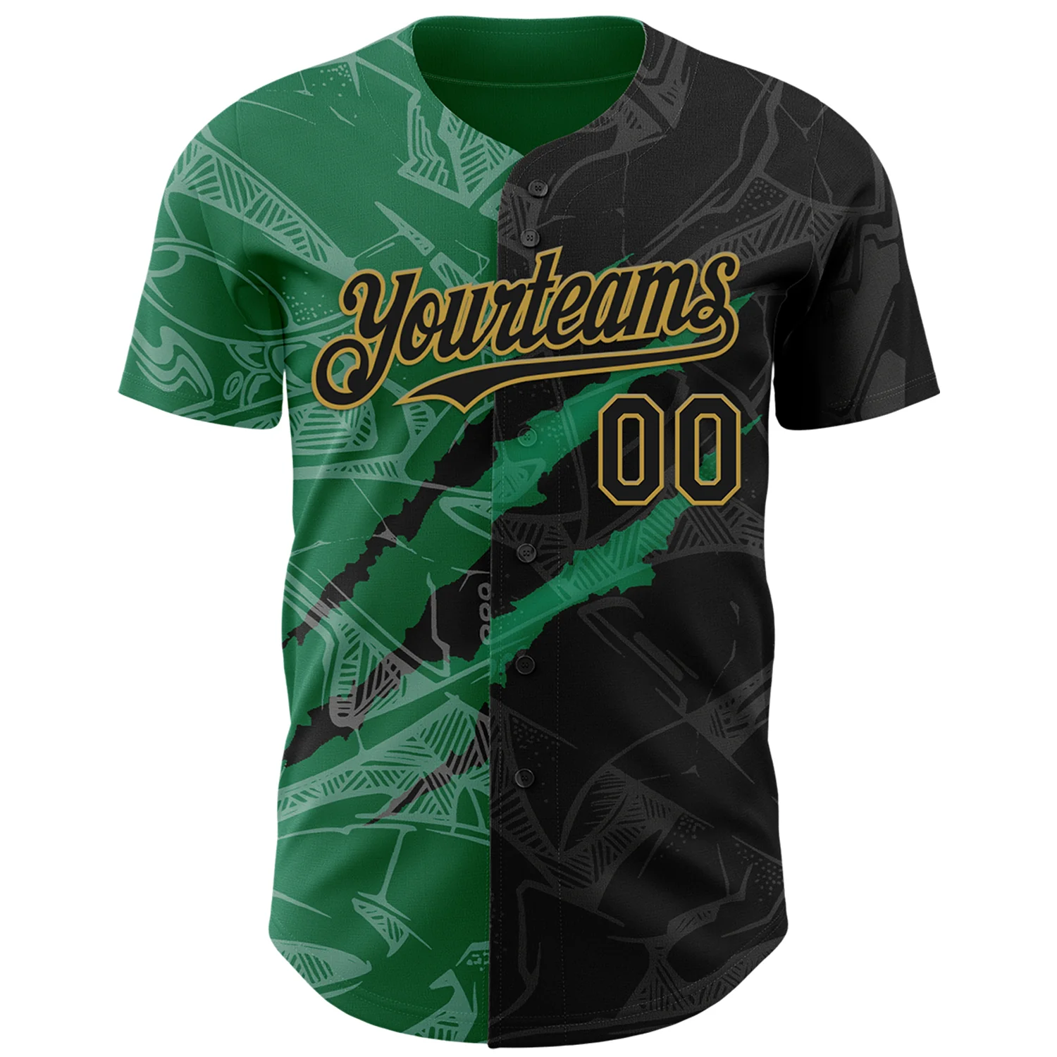 Custom Graffiti Pattern Black Kelly Green-Old Gold 3D Scratch Authentic Baseball Jersey - Image 2