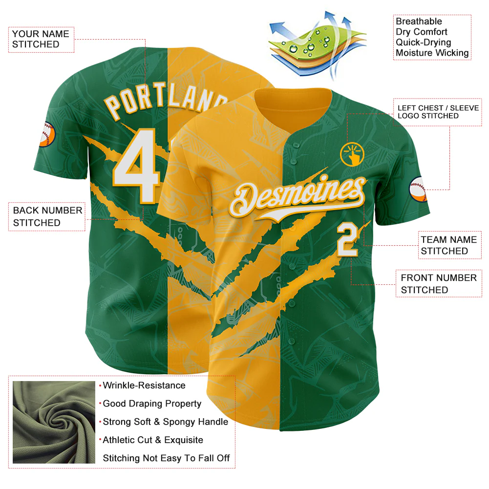 Custom Graffiti Pattern White Kelly Green-Gold 3D Scratch Authentic Baseball Jersey - Image 3
