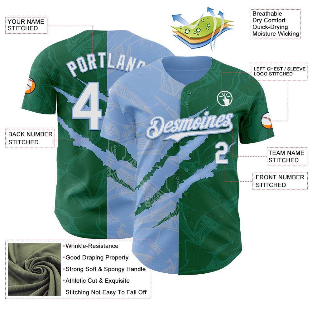 Custom Graffiti Pattern White Kelly Green-Light Blue 3D Scratch Authentic Baseball Jersey - Image 3