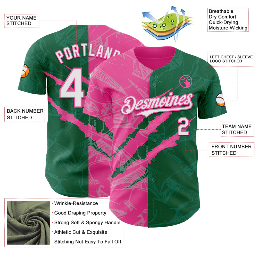 Custom Graffiti Pattern White Kelly Green-Pink 3D Scratch Authentic Baseball Jersey - Image 3