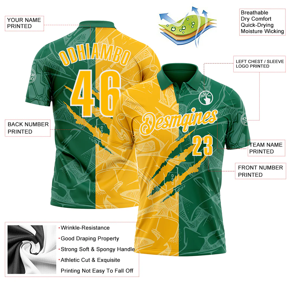 Custom Graffiti Pattern Gold Kelly Green-White 3D Scratch Performance Polo Shirt - Image 3