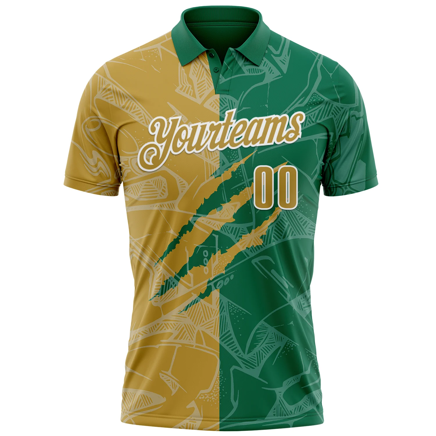 Custom Graffiti Pattern Old Gold Kelly Green-White 3D Scratch Performance Polo Shirt - Image 2