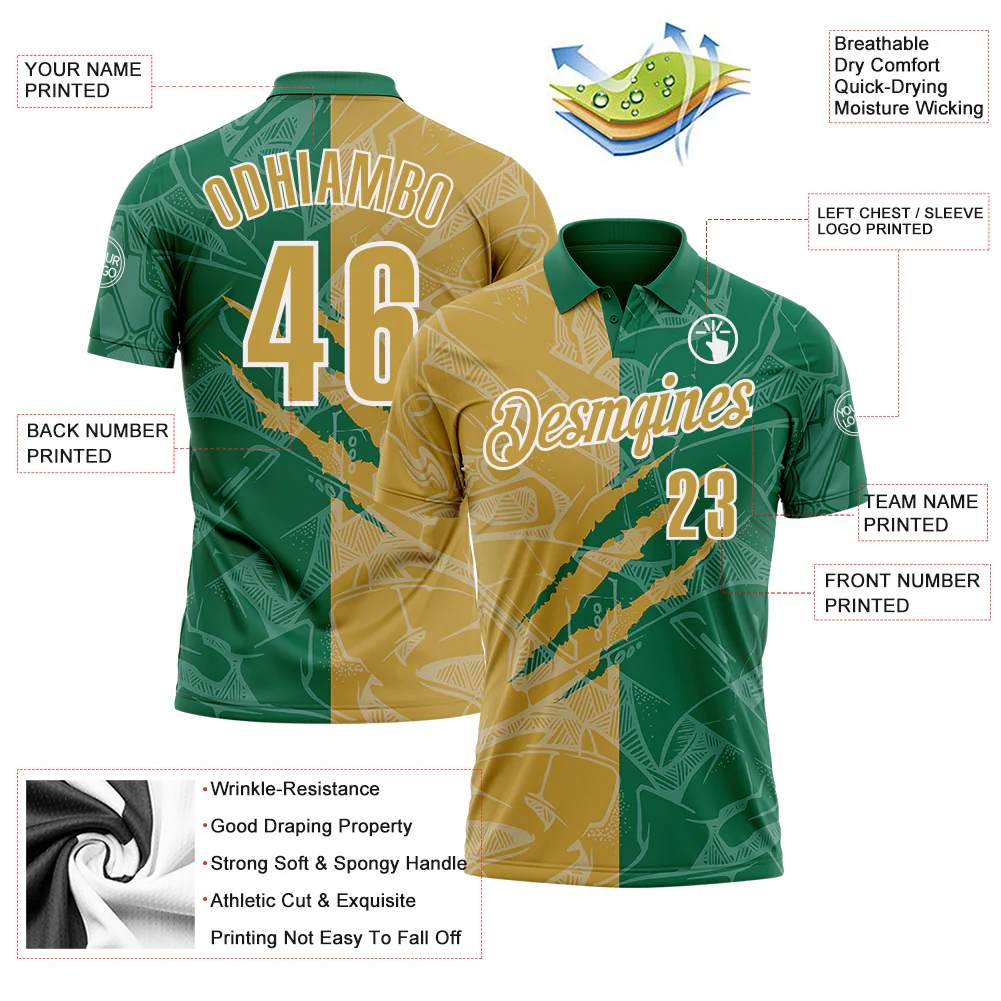 Custom Graffiti Pattern Old Gold Kelly Green-White 3D Scratch Performance Polo Shirt - Image 3