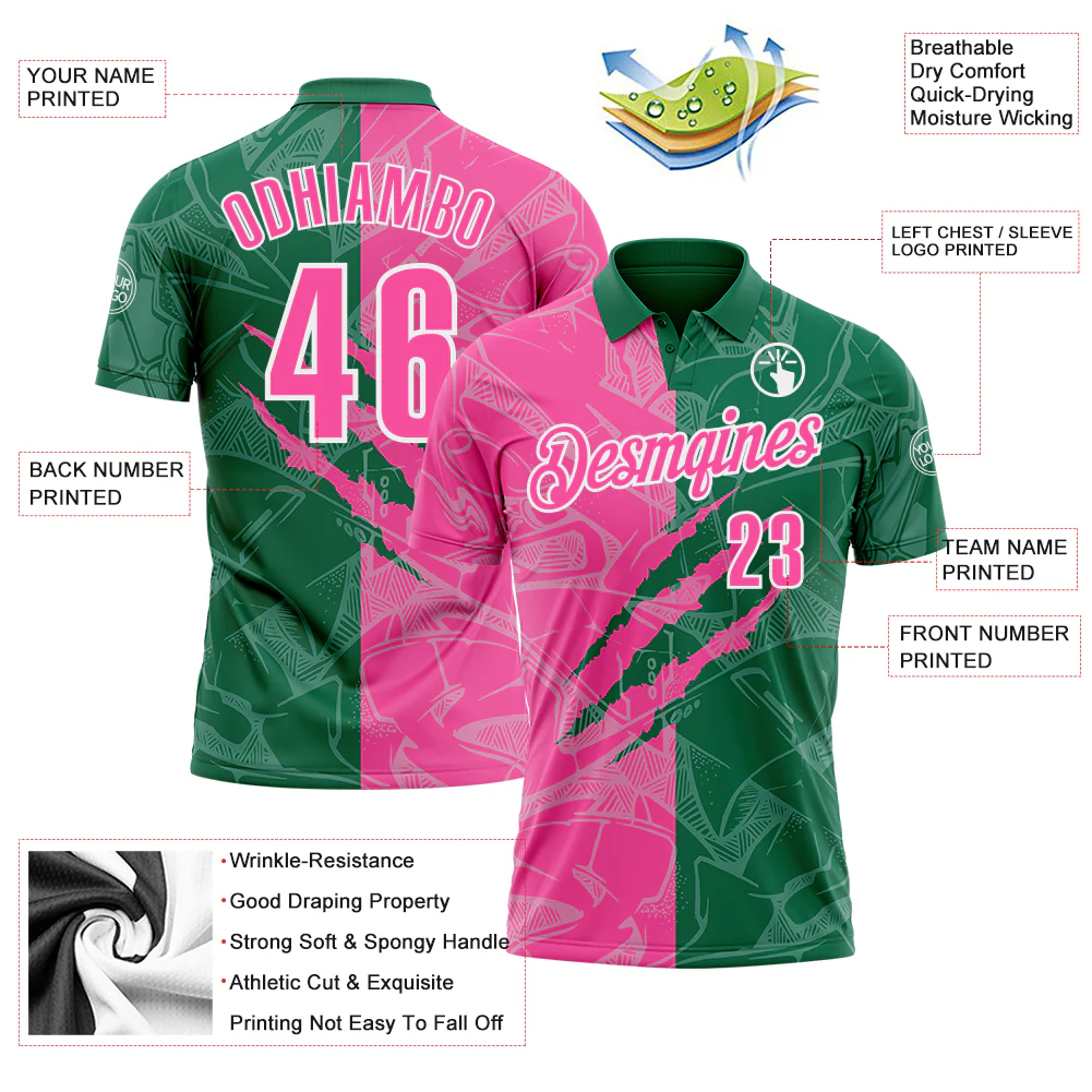 Custom Graffiti Pattern Pink Kelly Green-White 3D Scratch Performance Polo Shirt - Image 3