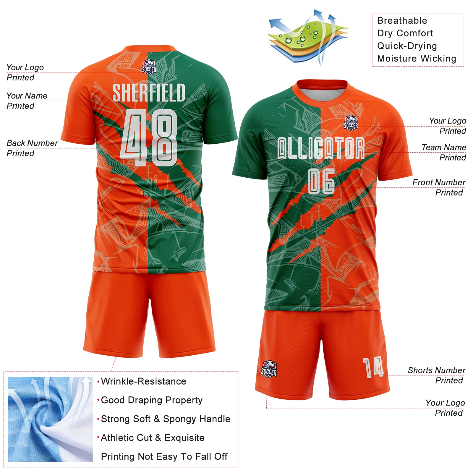 Custom Graffiti Pattern Kelly Green-Orange Scratch Sublimation Soccer Uniform Jersey - Image 4