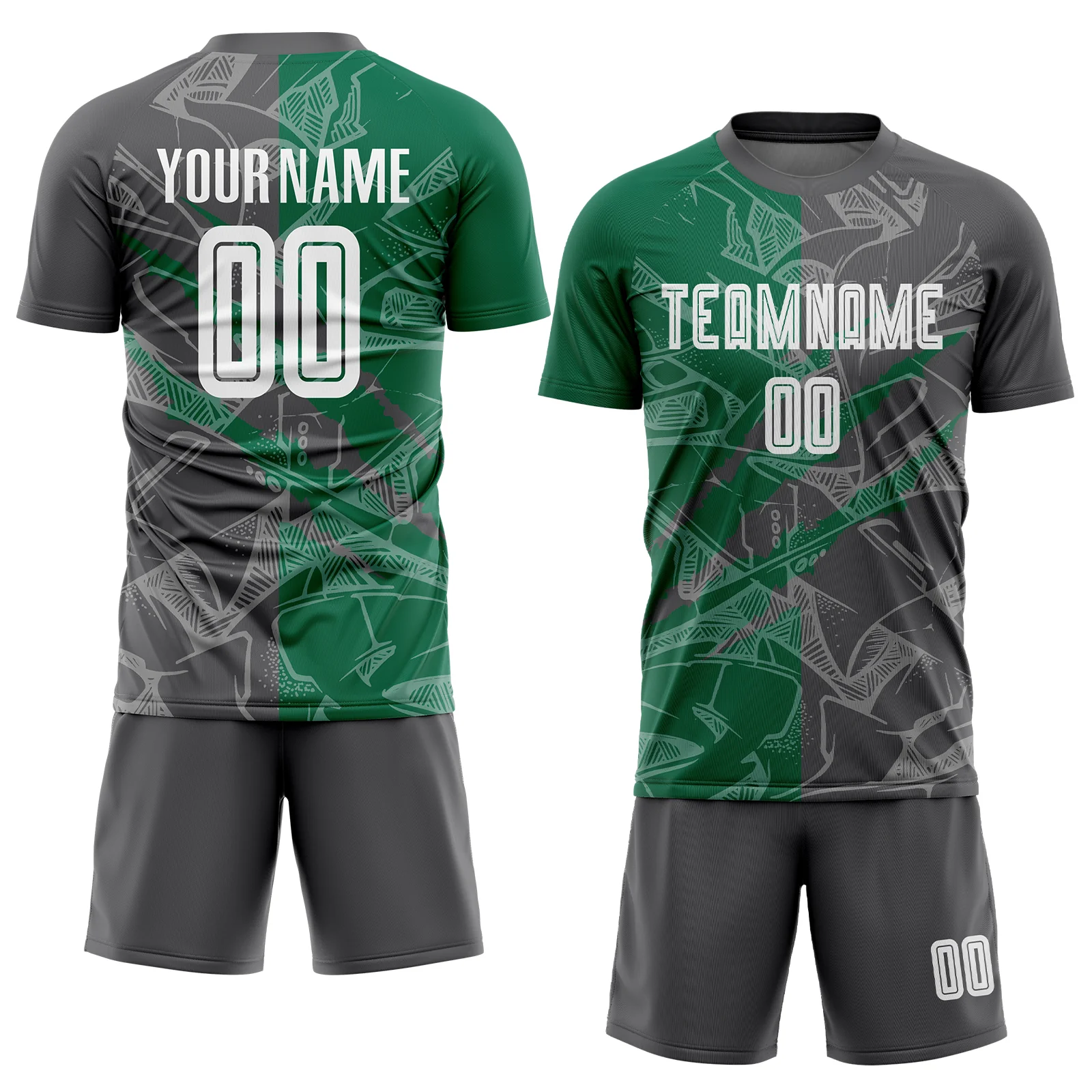 Custom Graffiti Pattern Kelly Green-Steel Gray Scratch Sublimation Soccer Uniform Jersey - Image 2