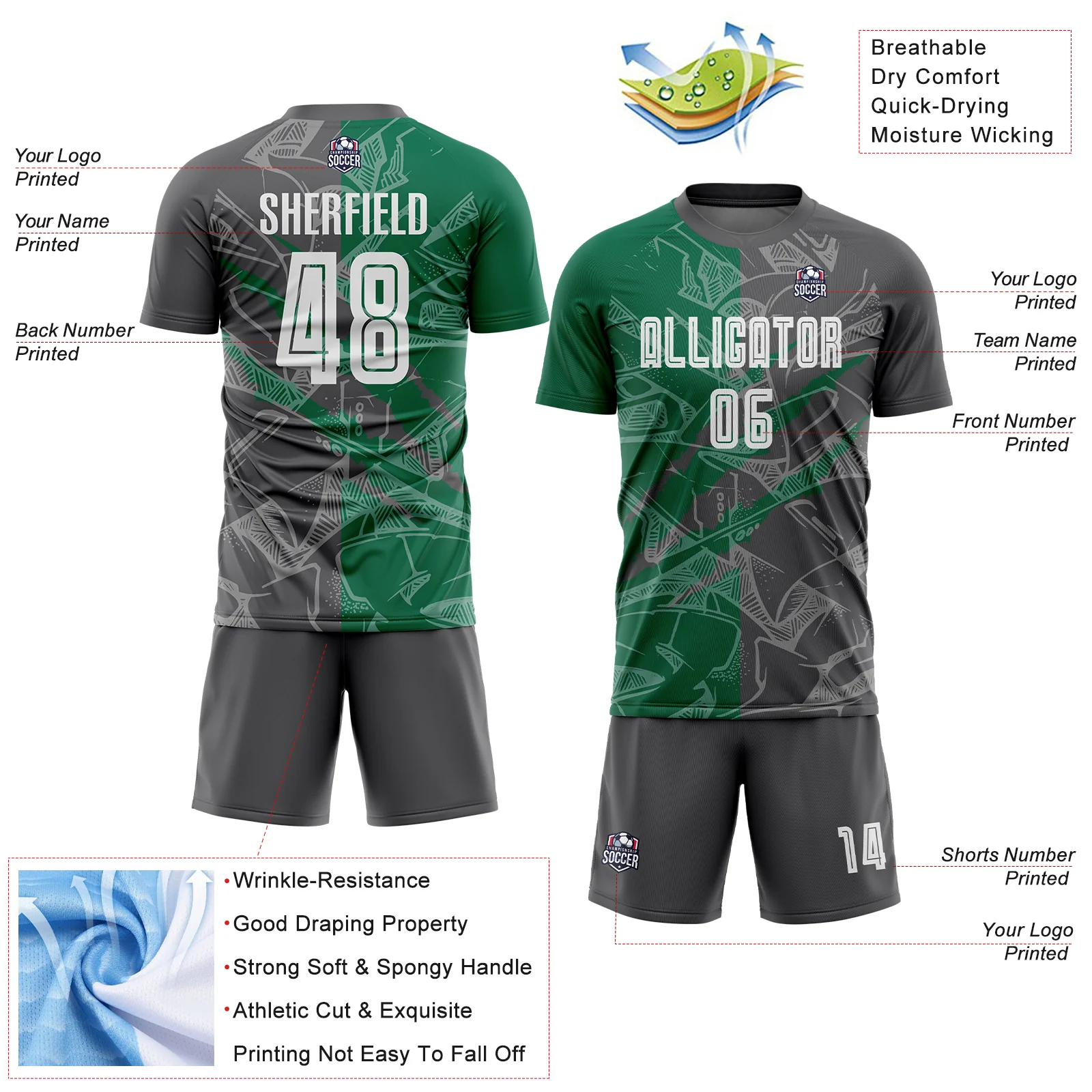 Custom Graffiti Pattern Kelly Green-Steel Gray Scratch Sublimation Soccer Uniform Jersey - Image 4