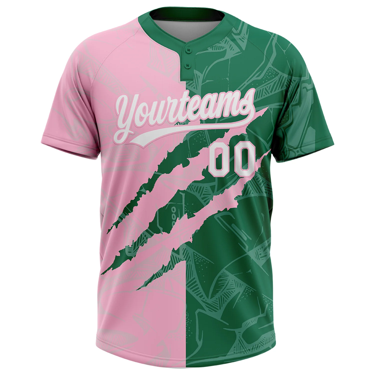 Custom Graffiti Pattern White Kelly Green-Light Pink 3D Scratch Two-Button Unisex Softball Jersey - Image 2