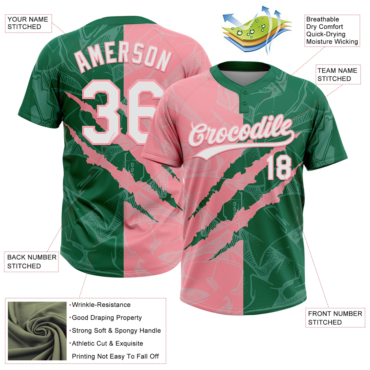 Custom Graffiti Pattern White Kelly Green-Medium Pink 3D Scratch Two-Button Unisex Softball Jersey - Image 3