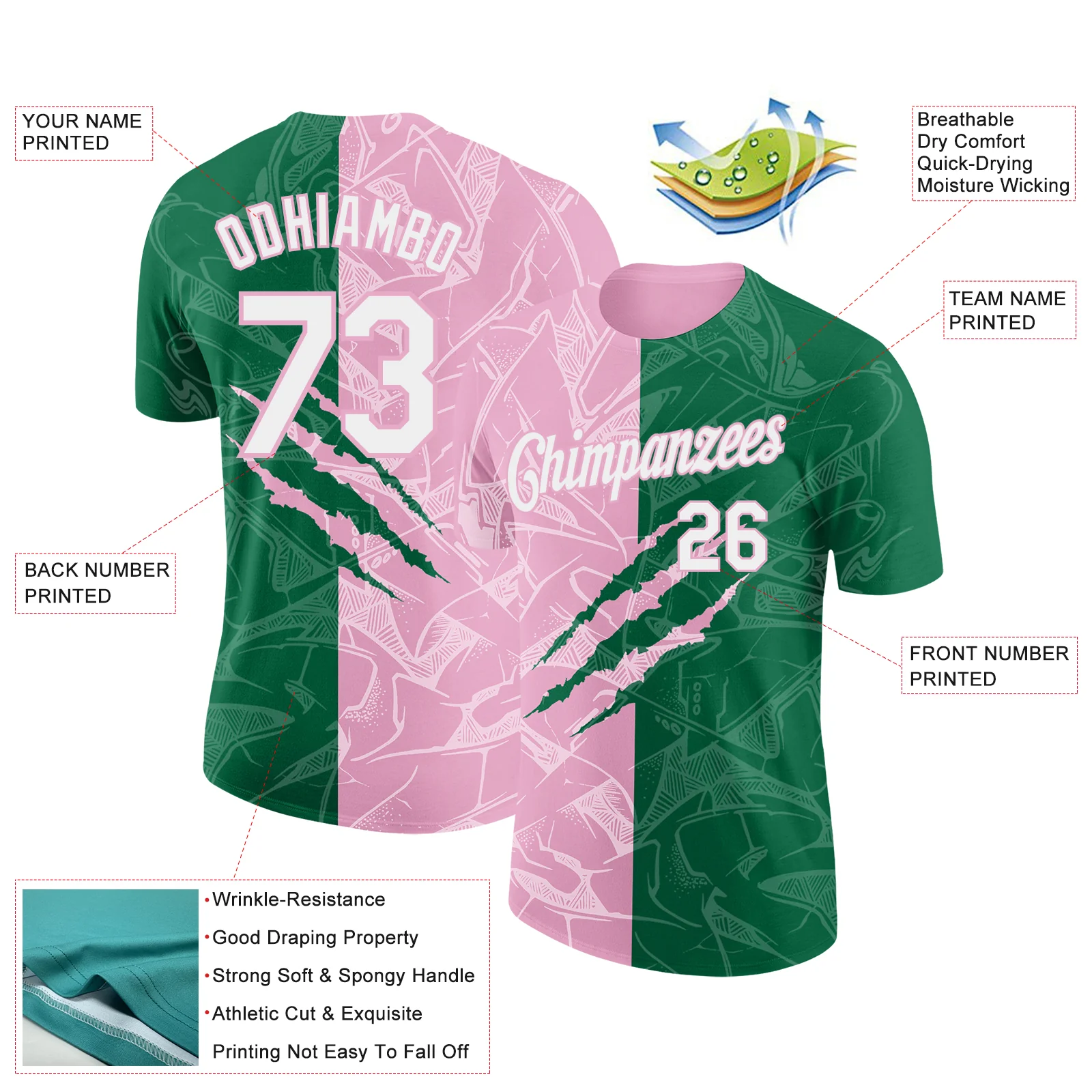 Custom Graffiti Pattern White Kelly Green-Light Pink Scratch 3D Performance T-Shirt - Image 2