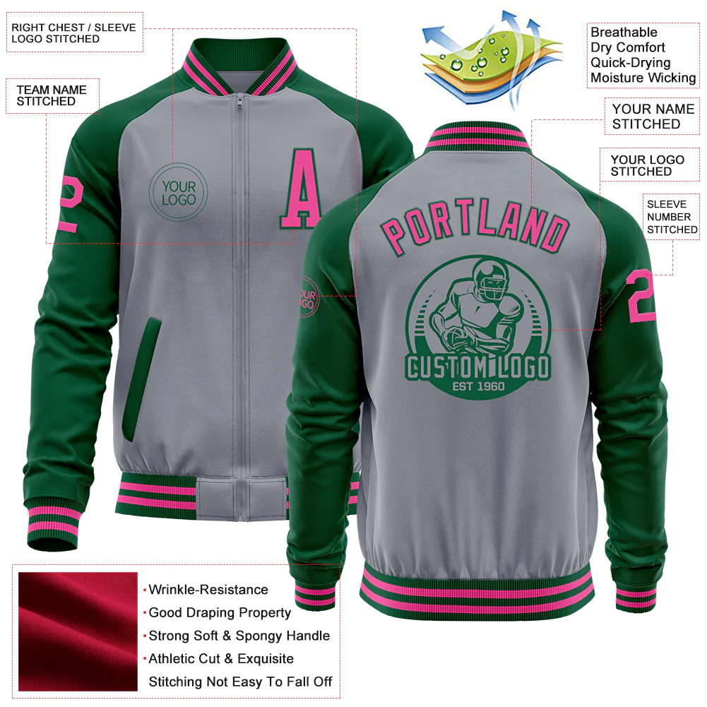 Custom Gray Pink-Kelly Green Varsity Letterman Two Tone Zipper Jacket - Image 4