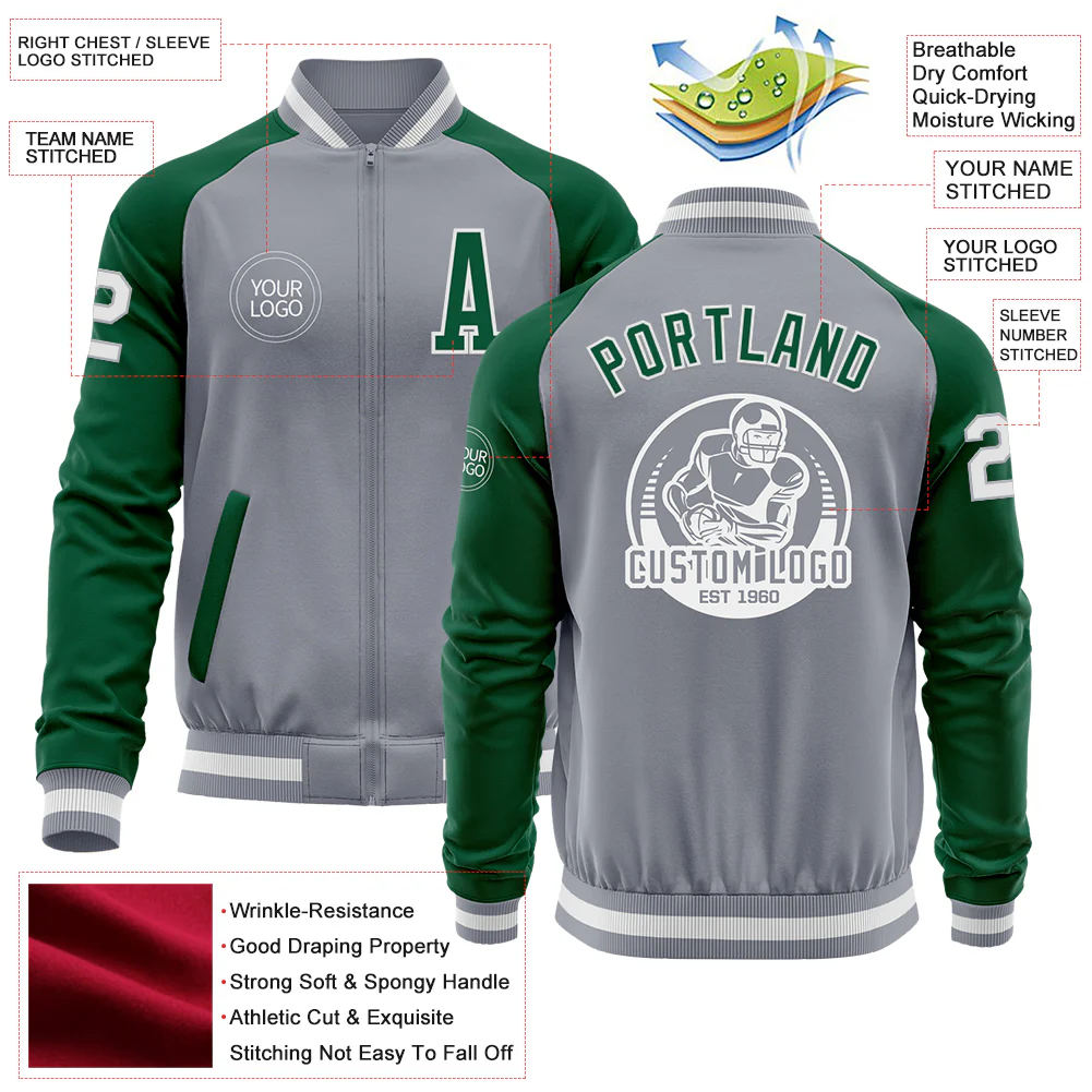 Custom Gray White-Kelly Green Varsity Letterman Two Tone Zipper Jacket - Image 4