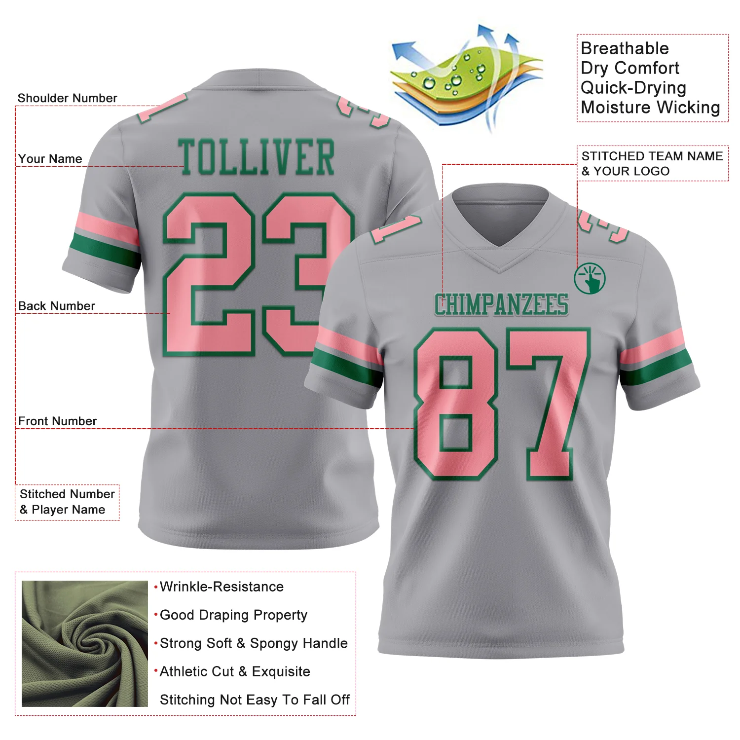 Custom Gray Medium Pink-Kelly Green Authentic Football Jersey - Image 3