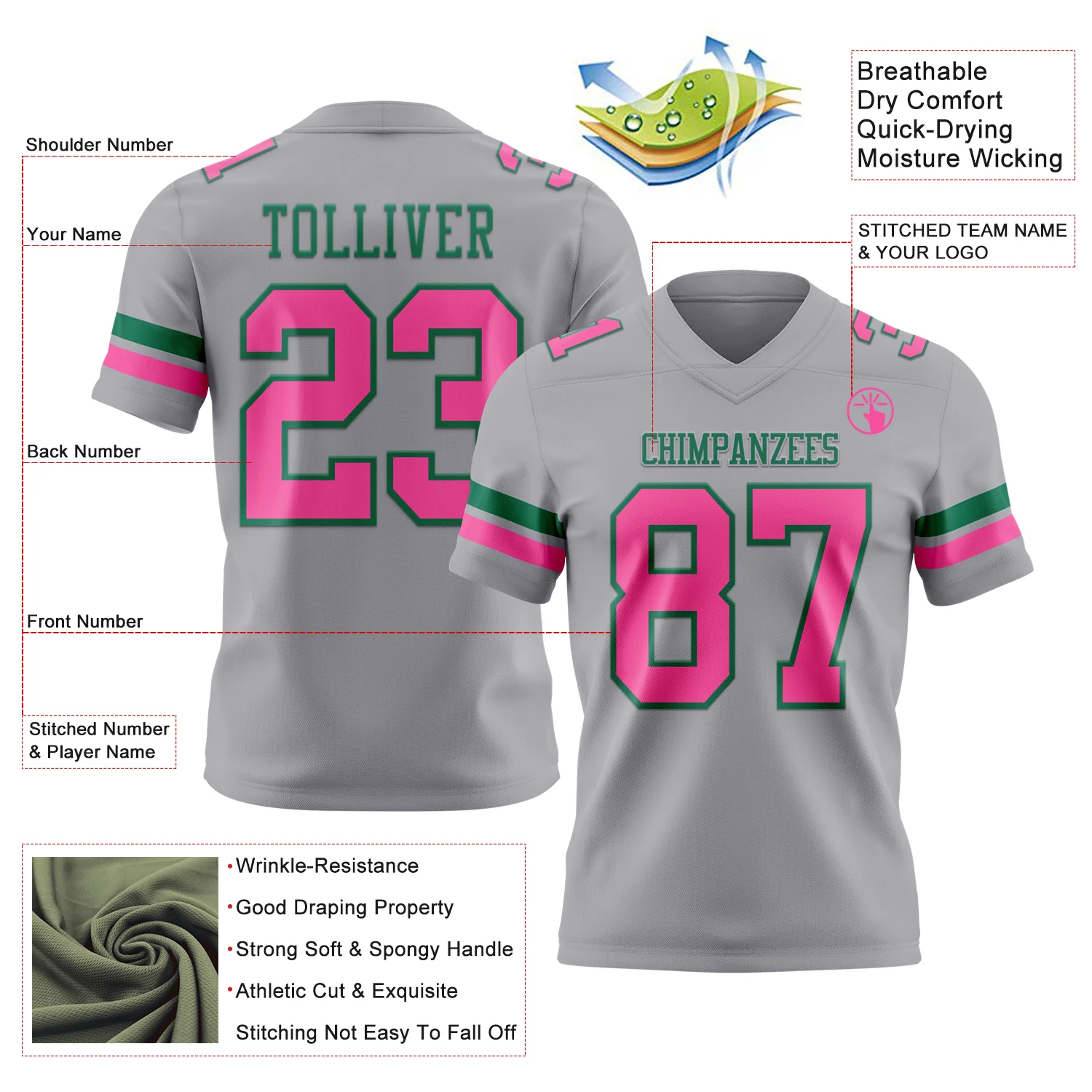 Custom Gray Pink-Kelly Green Authentic Football Jersey - Image 3