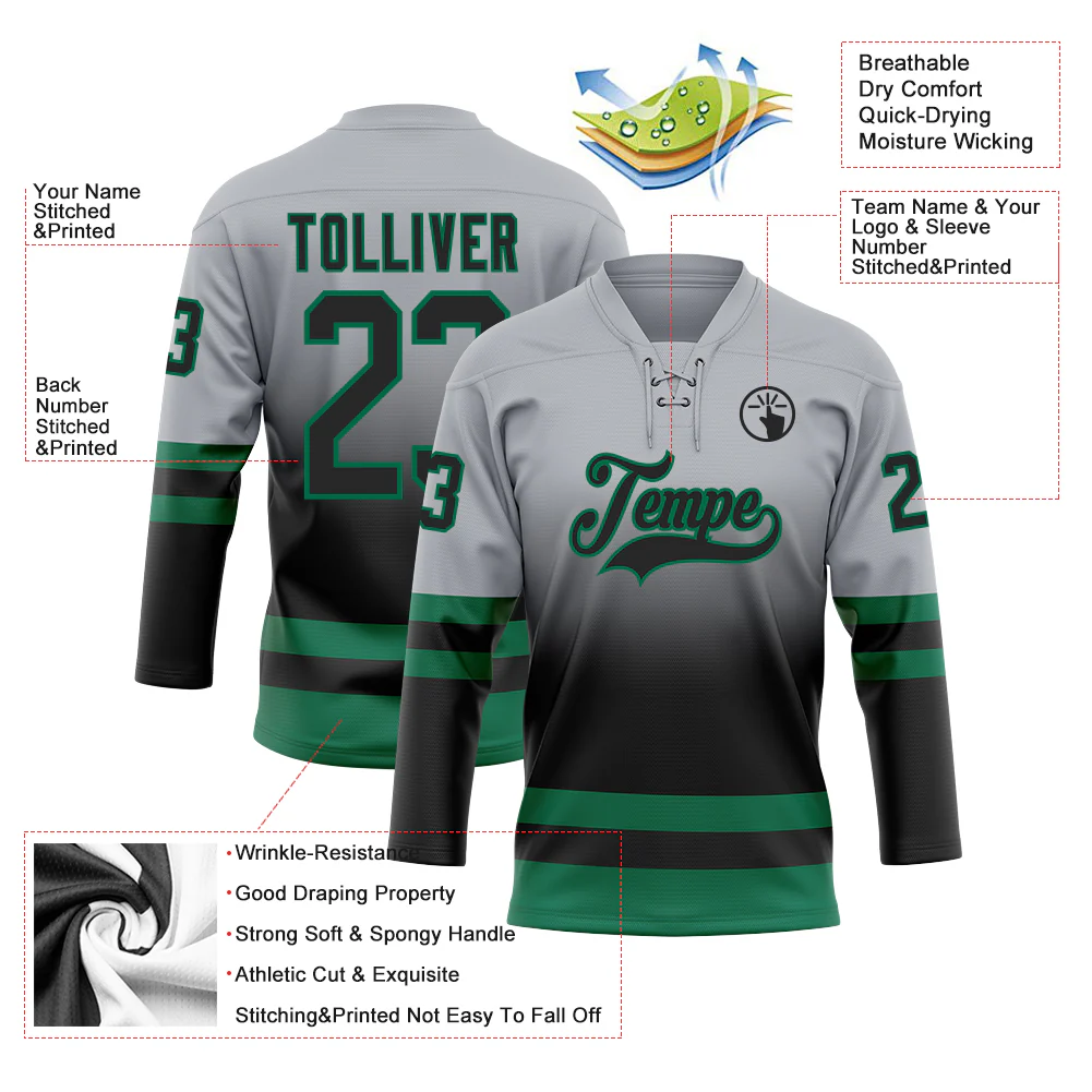 Custom Gray Black-Kelly Green Fade Fashion Hockey Lace Neck Jersey - Image 5