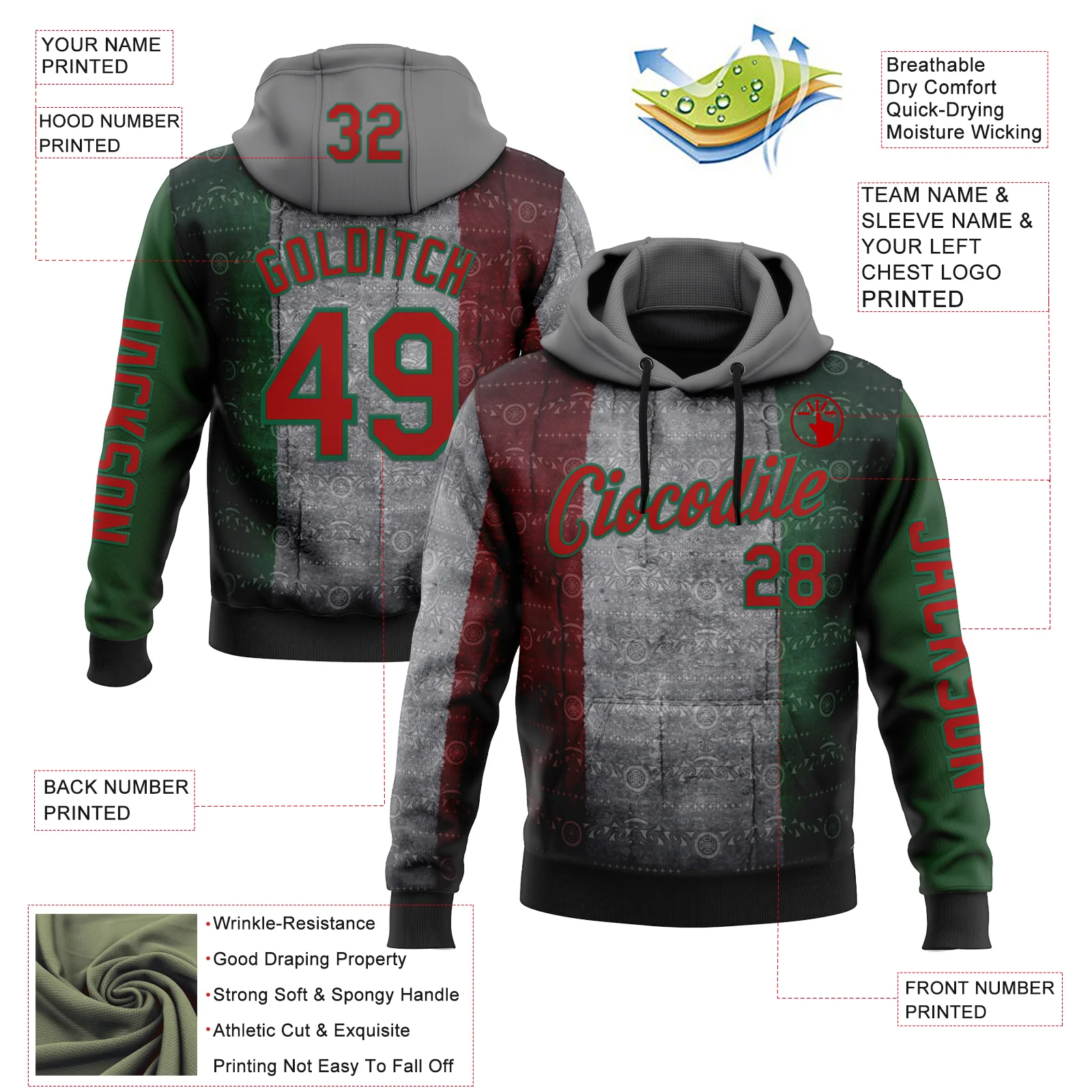 Custom Gray Red-Kelly Green 3D Pattern Design Meixican Tribal Sportswear Pullover Sweatshirt Hoodie - Image 2