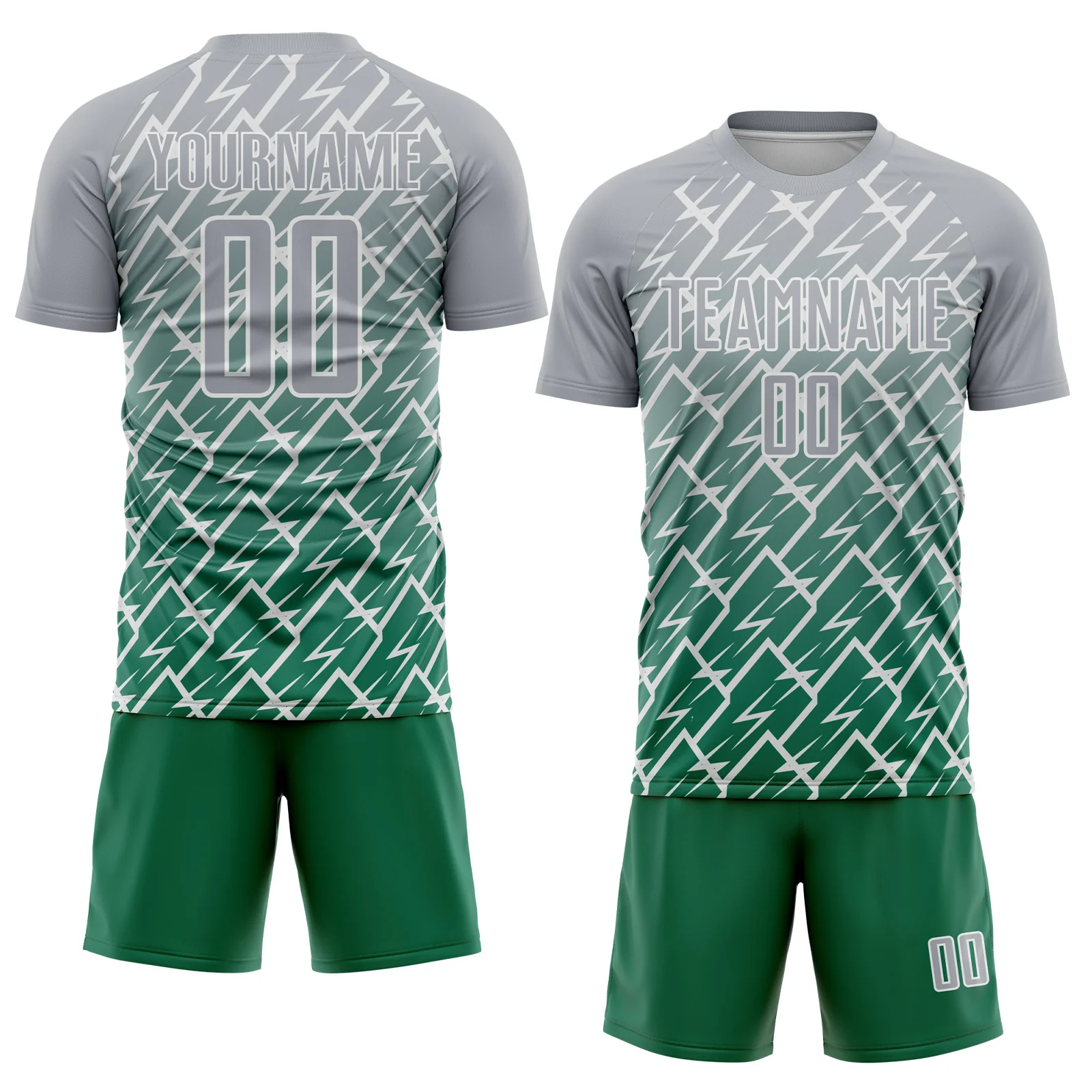 Custom Gray Kelly Green-White Lightning Sports Sublimation Soccer Uniform Jersey - Image 2