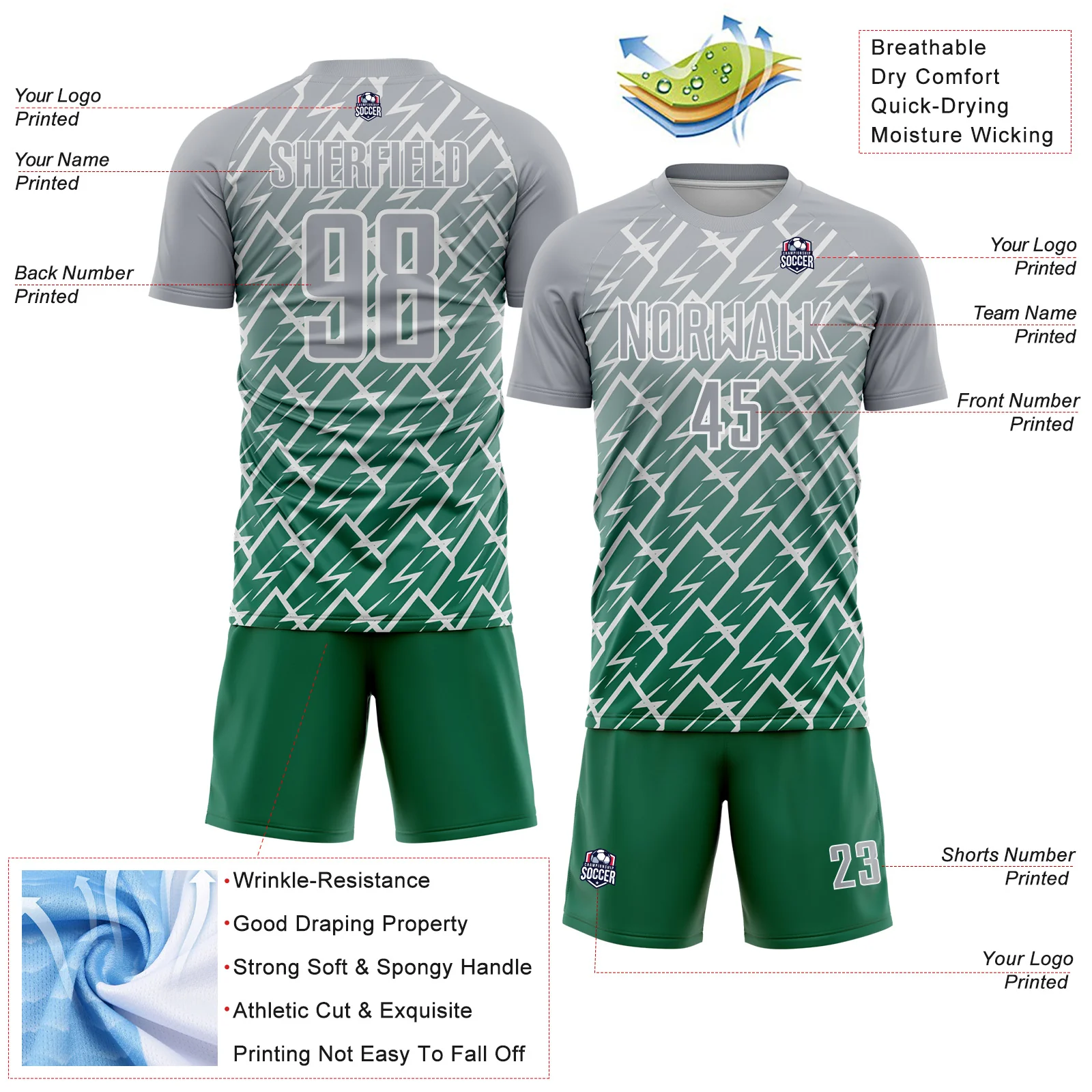 Custom Gray Kelly Green-White Lightning Sports Sublimation Soccer Uniform Jersey - Image 4