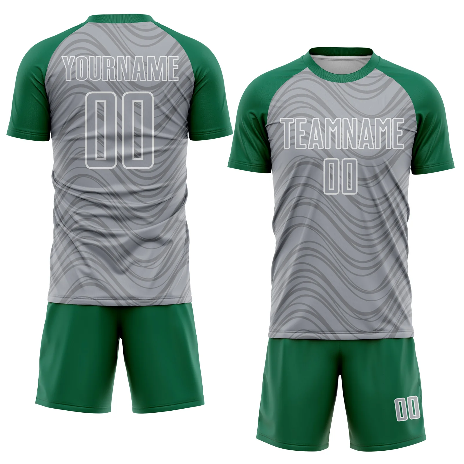 Custom Gray Kelly Green-White Wavy Lines Sports Sublimation Soccer Uniform Jersey - Image 2