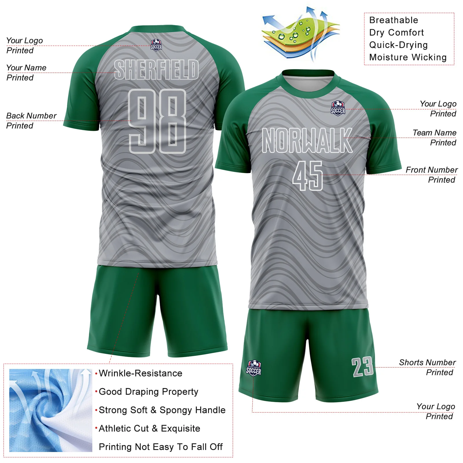 Custom Gray Kelly Green-White Wavy Lines Sports Sublimation Soccer Uniform Jersey - Image 4