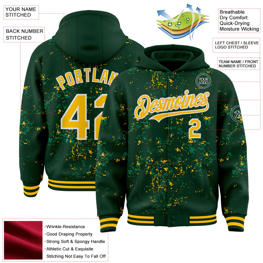 Custom Green Gold Kelly Green-White Fragment Pattern Bomber Full-Snap Varsity Letterman Hoodie Jacket - Image 4