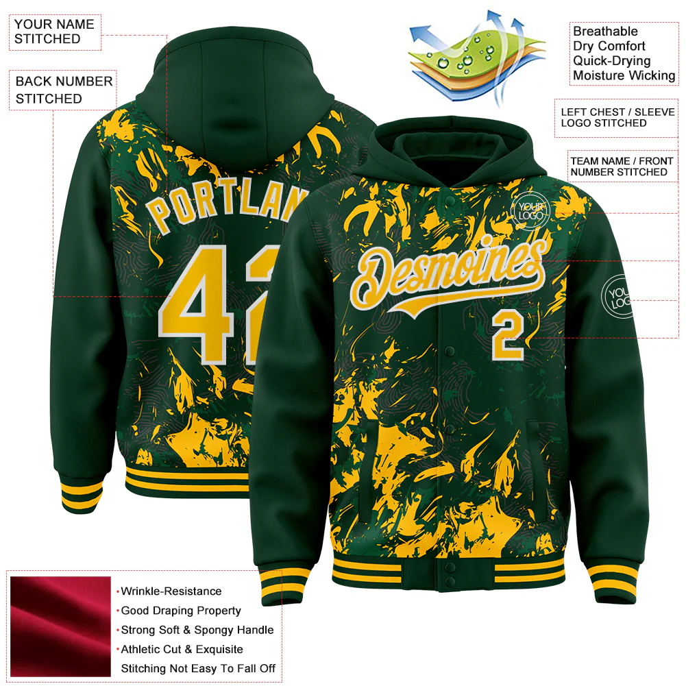 Custom Green Gold Kelly Green-White Splash Bomber Full-Snap Varsity Letterman Hoodie Jacket - Image 4