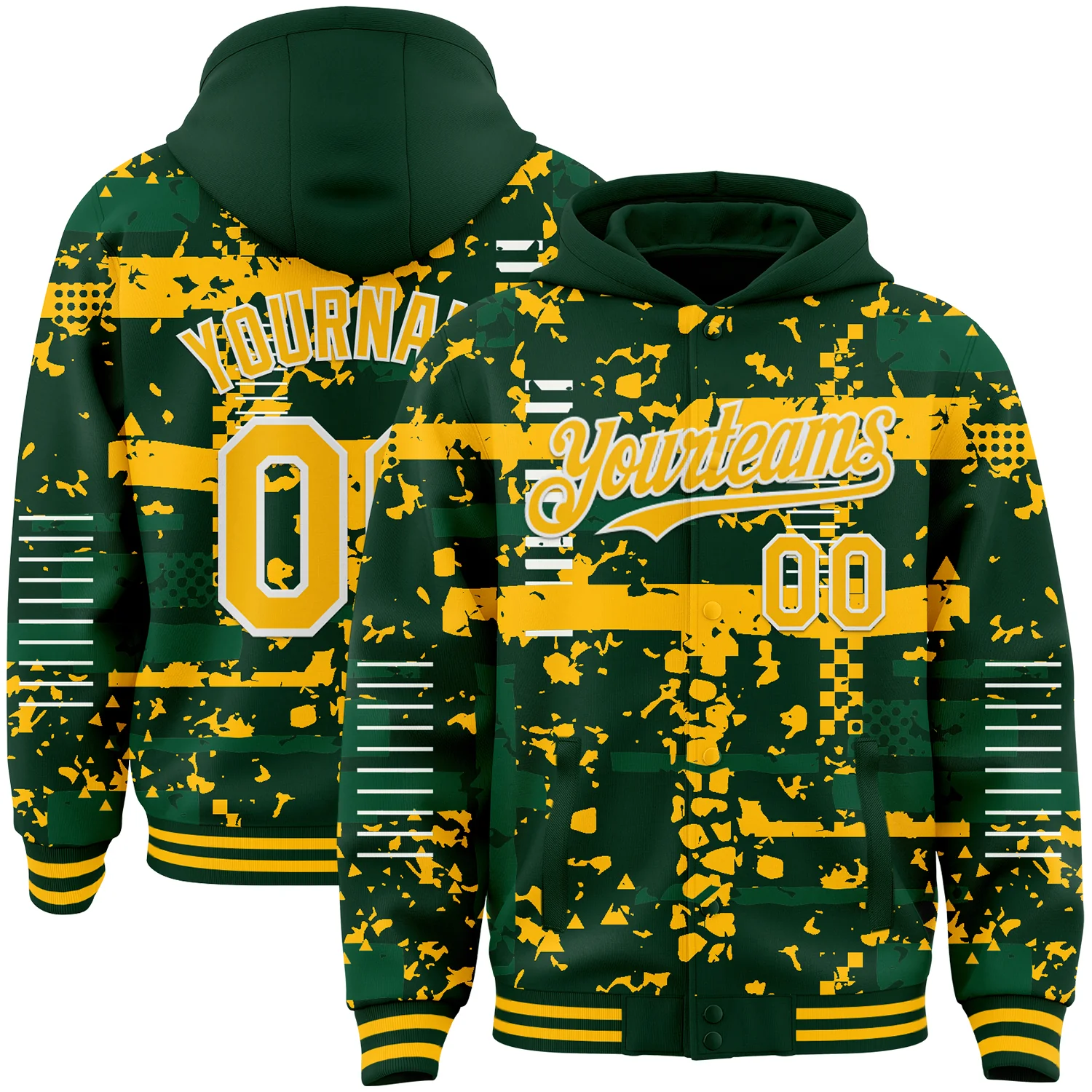 Custom Green Gold Kelly Green-White Abstract Fragment Shape Bomber Full-Snap Varsity Letterman Hoodie Jacket