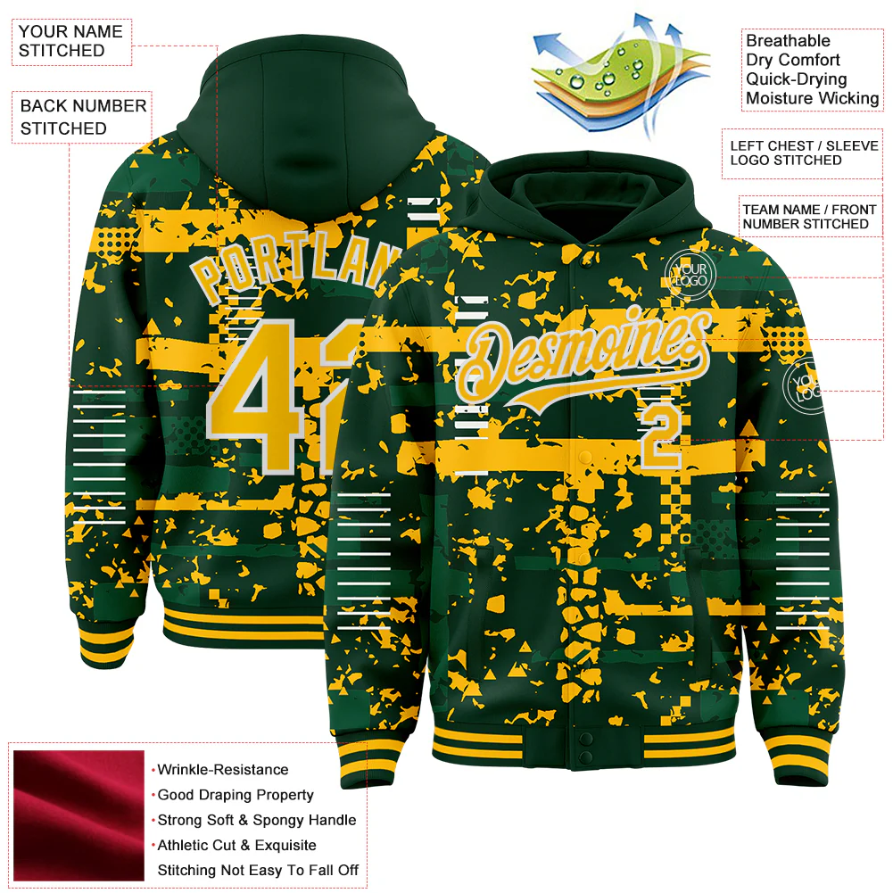 Custom Green Gold Kelly Green-White Abstract Fragment Shape Bomber Full-Snap Varsity Letterman Hoodie Jacket - Image 4