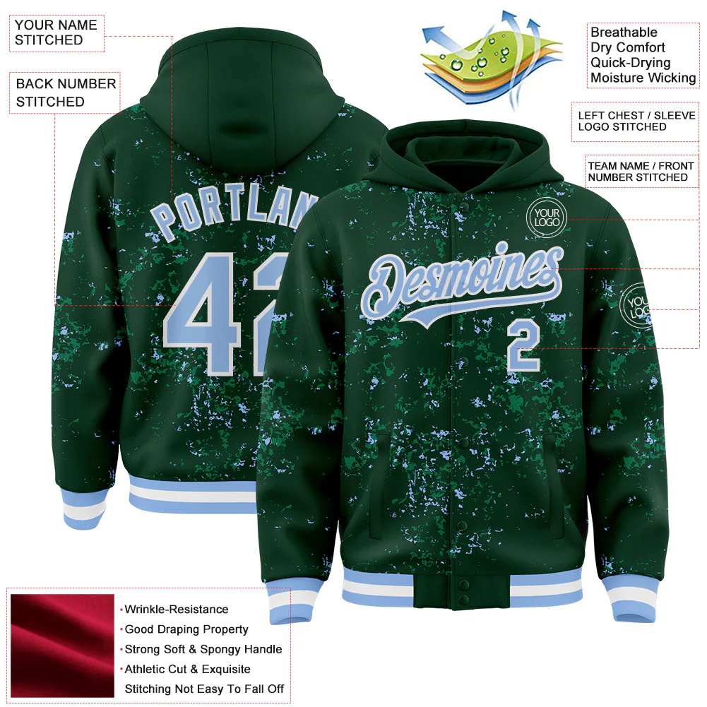 Custom Green Light Blue Kelly Green-White Fragment Pattern Bomber Full-Snap Varsity Letterman Hoodie Jacket - Image 4