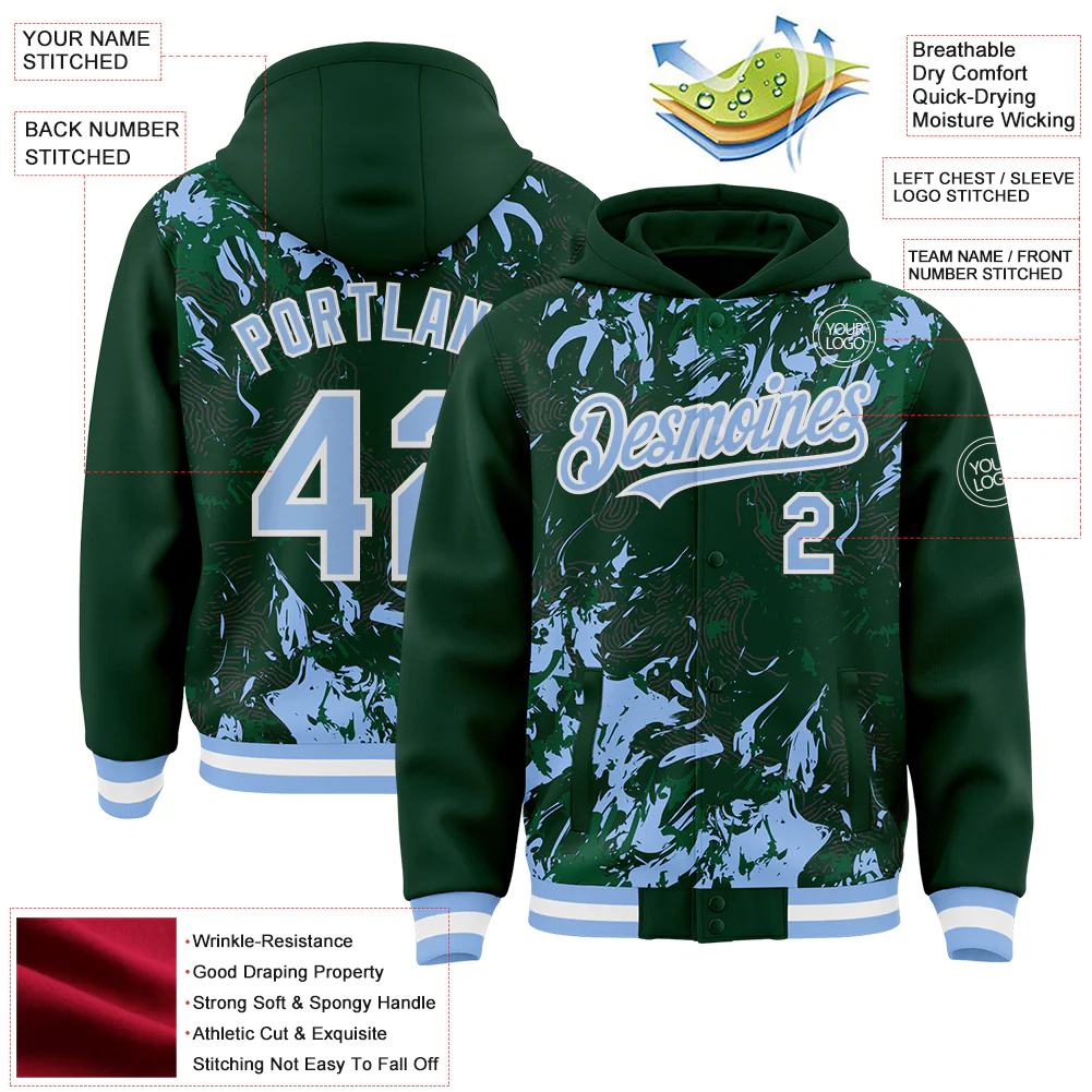 Custom Green Light Blue Kelly Green-White Splash Bomber Full-Snap Varsity Letterman Hoodie Jacket - Image 4