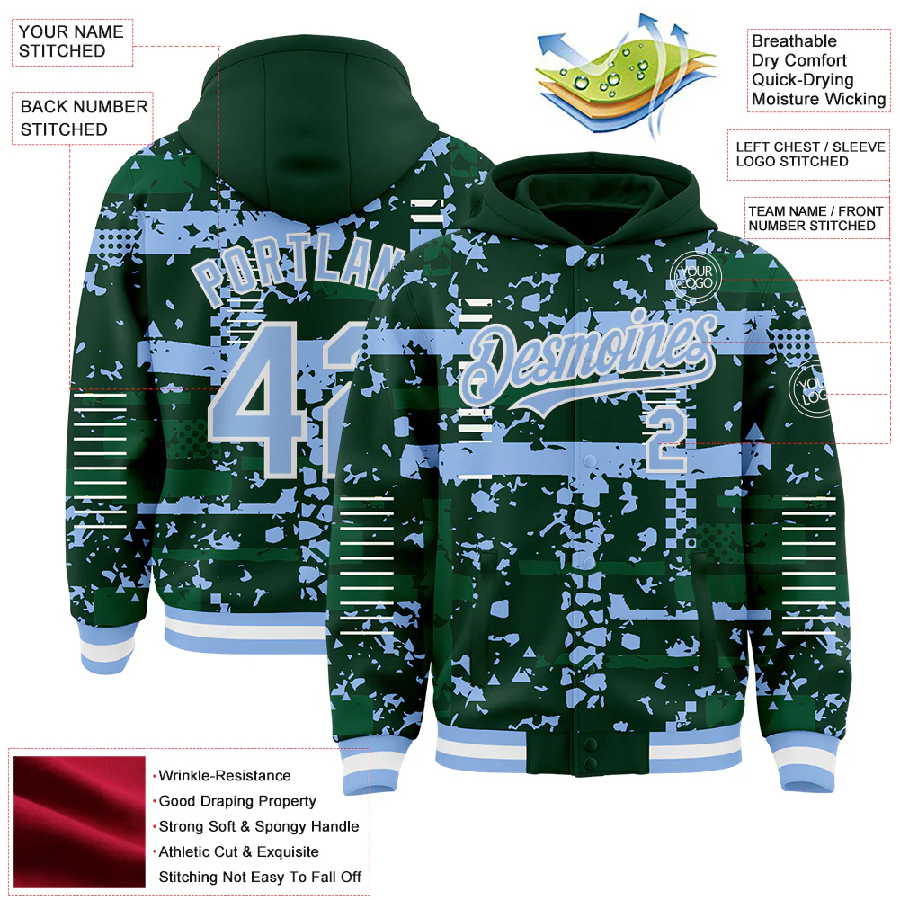 Custom Green Light Blue Kelly Green-White Abstract Fragment Shape Bomber Full-Snap Varsity Letterman Hoodie Jacket - Image 4