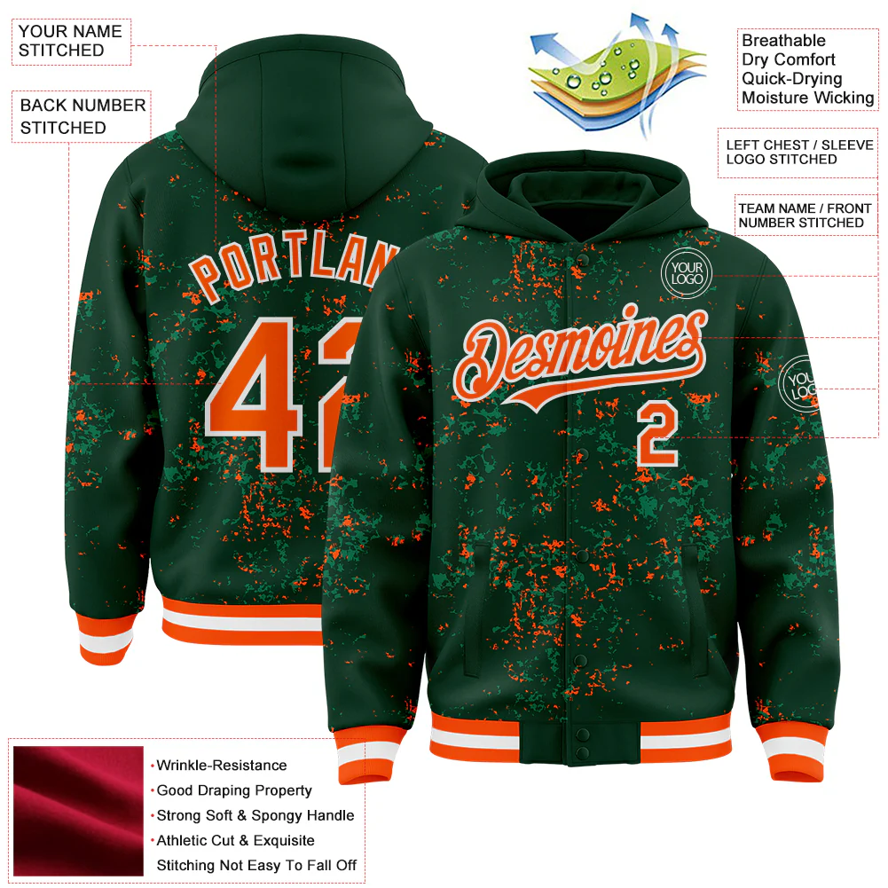 Custom Green Orange Kelly Green-White Fragment Pattern Bomber Full-Snap Varsity Letterman Hoodie Jacket - Image 4