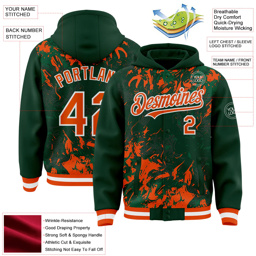 Custom Green Orange Kelly Green-White Splash Bomber Full-Snap Varsity Letterman Hoodie Jacket - Image 4