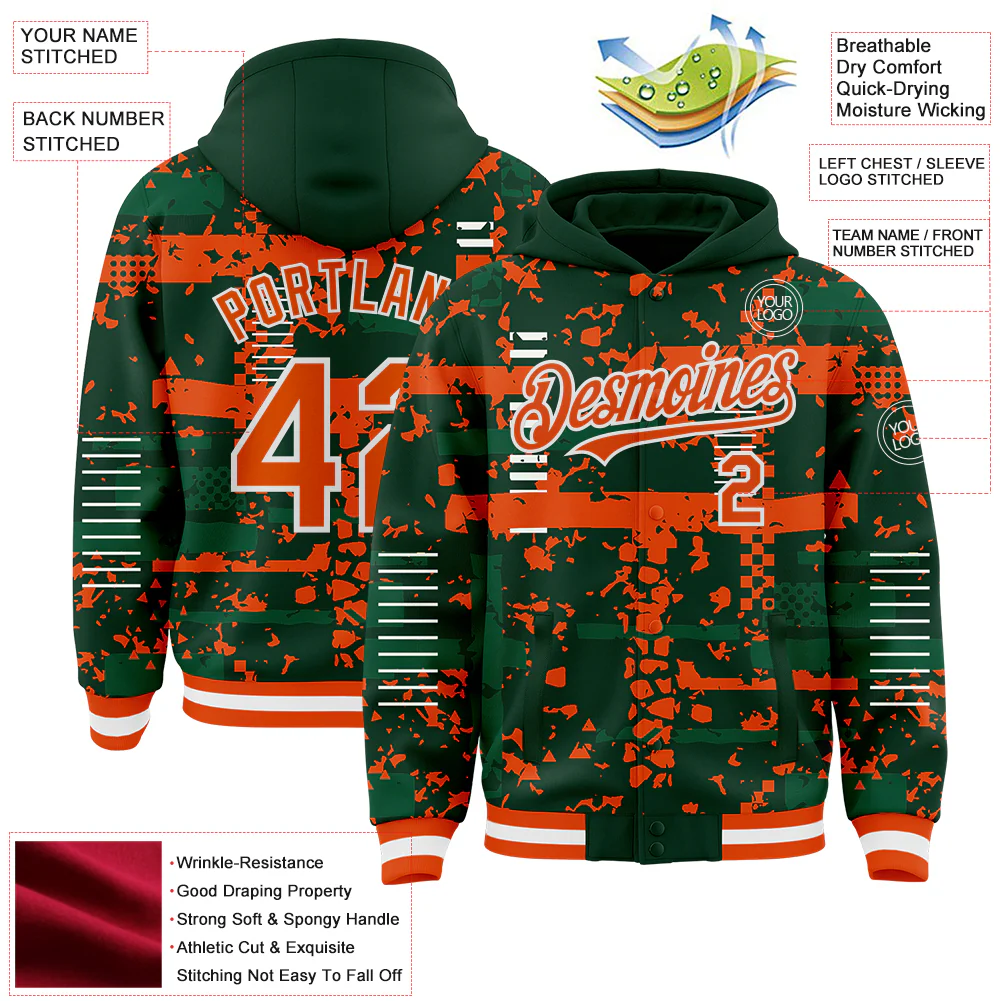 Custom Green Orange Kelly Green-White Abstract Fragment Shape Bomber Full-Snap Varsity Letterman Hoodie Jacket - Image 4