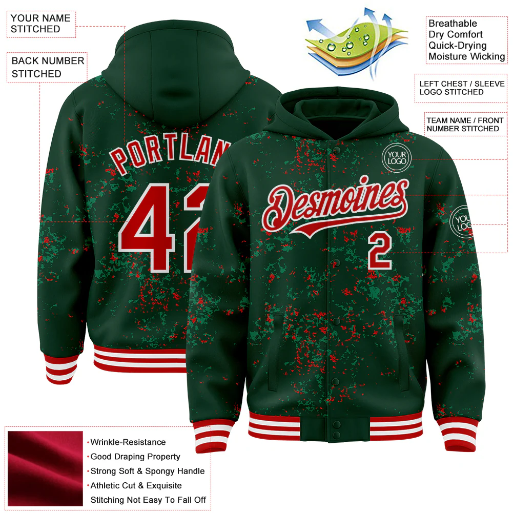 Custom Green Red Kelly Green-White Fragment Pattern Bomber Full-Snap Varsity Letterman Hoodie Jacket - Image 4