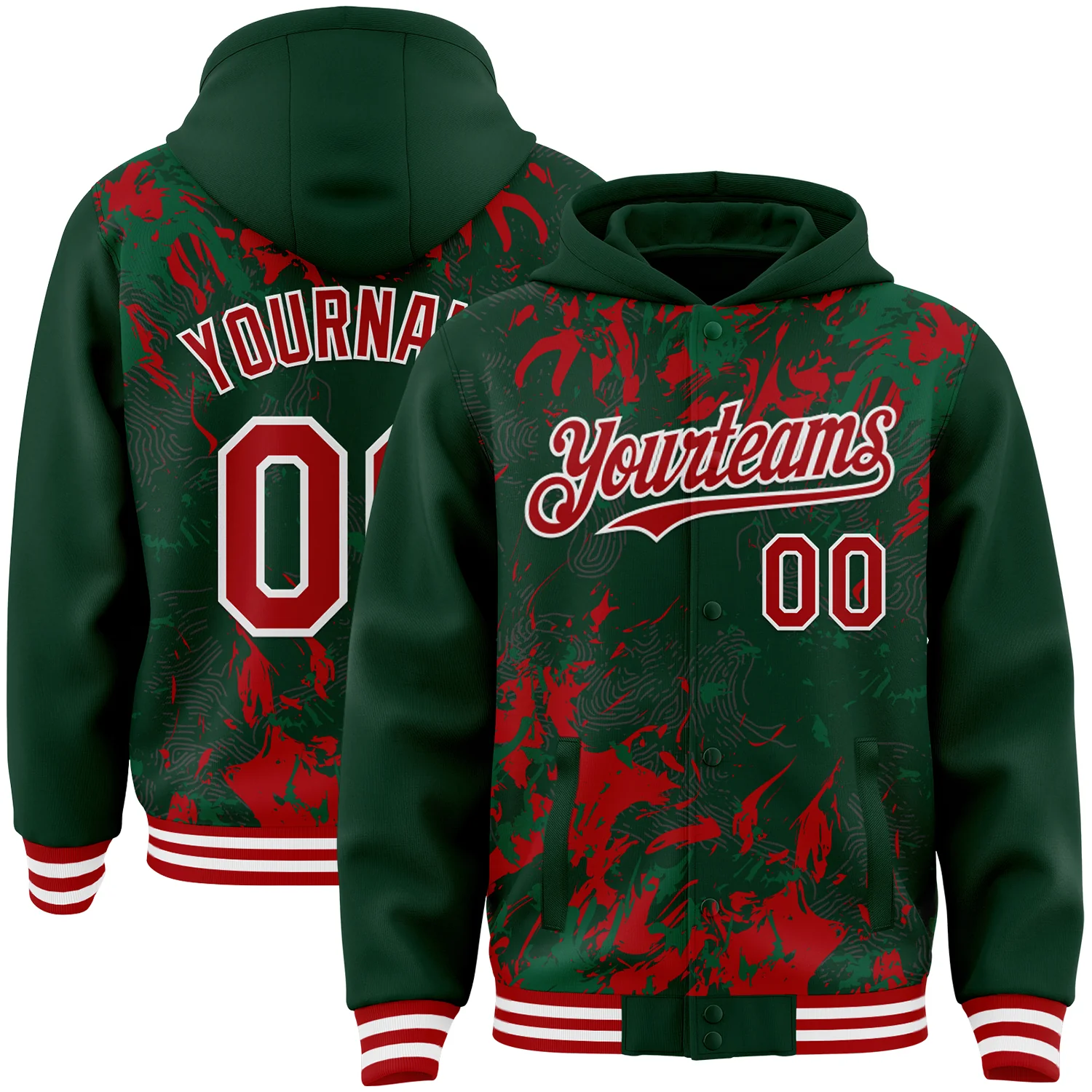 Custom Green Red Kelly Green-White Splash Bomber Full-Snap Varsity Letterman Hoodie Jacket