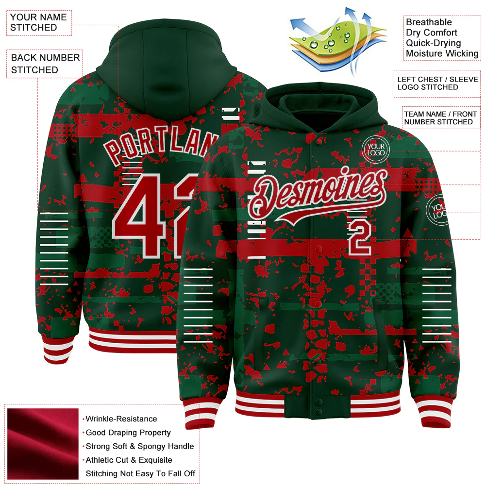 Custom Green Red Kelly Green-White Abstract Fragment Shape Bomber Full-Snap Varsity Letterman Hoodie Jacket - Image 4