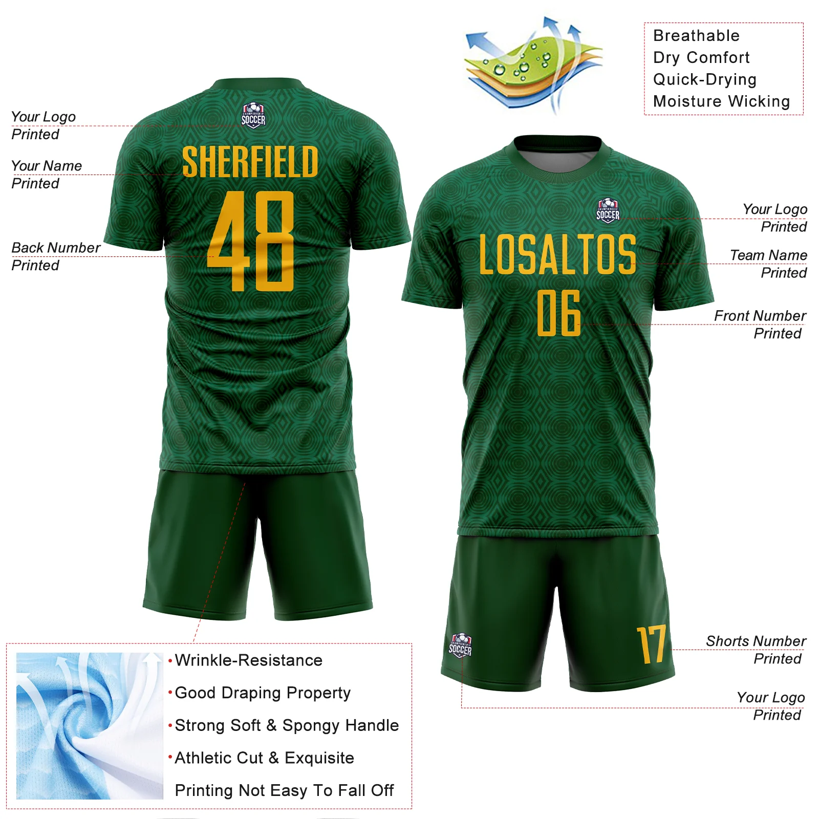 Custom Green Gold-Kelly Green Geometric Shapes Sublimation Soccer Uniform Jersey - Image 4