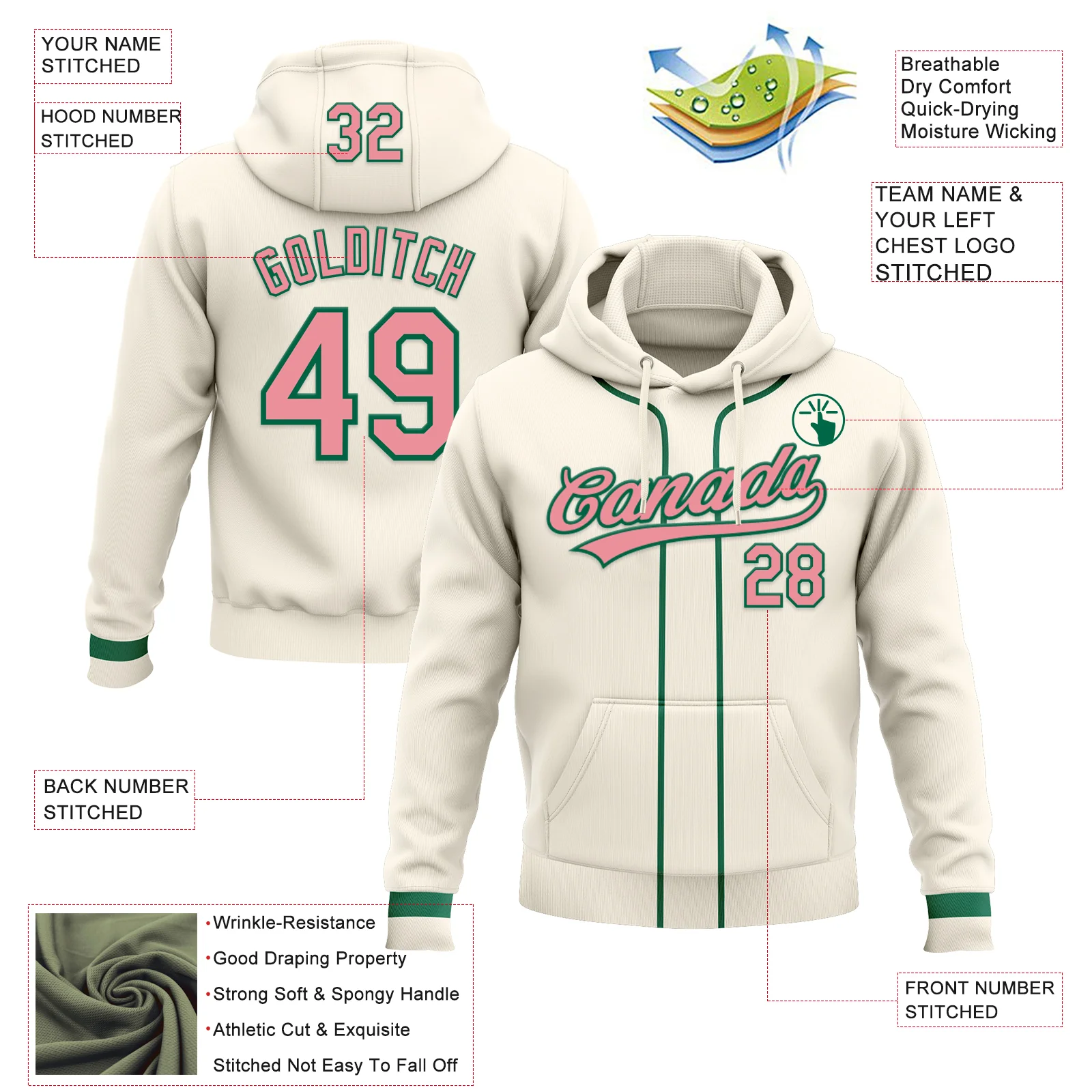 Custom Stitched Cream Medium Pink-Kelly Green Baseball Pullover Sweatshirt Hoodie - Image 2