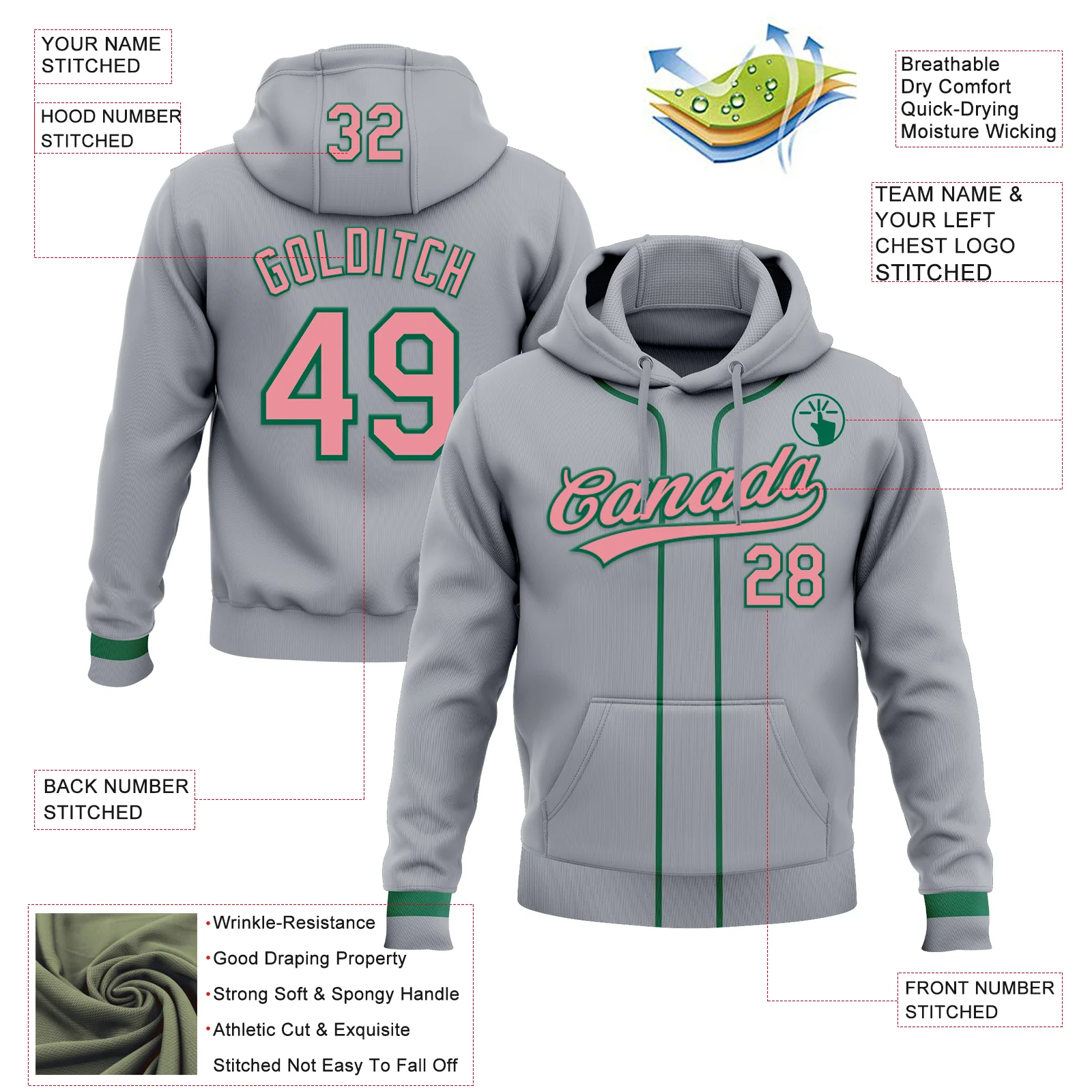 Custom Stitched Gray Medium Pink-Kelly Green Baseball Pullover Sweatshirt Hoodie - Image 2