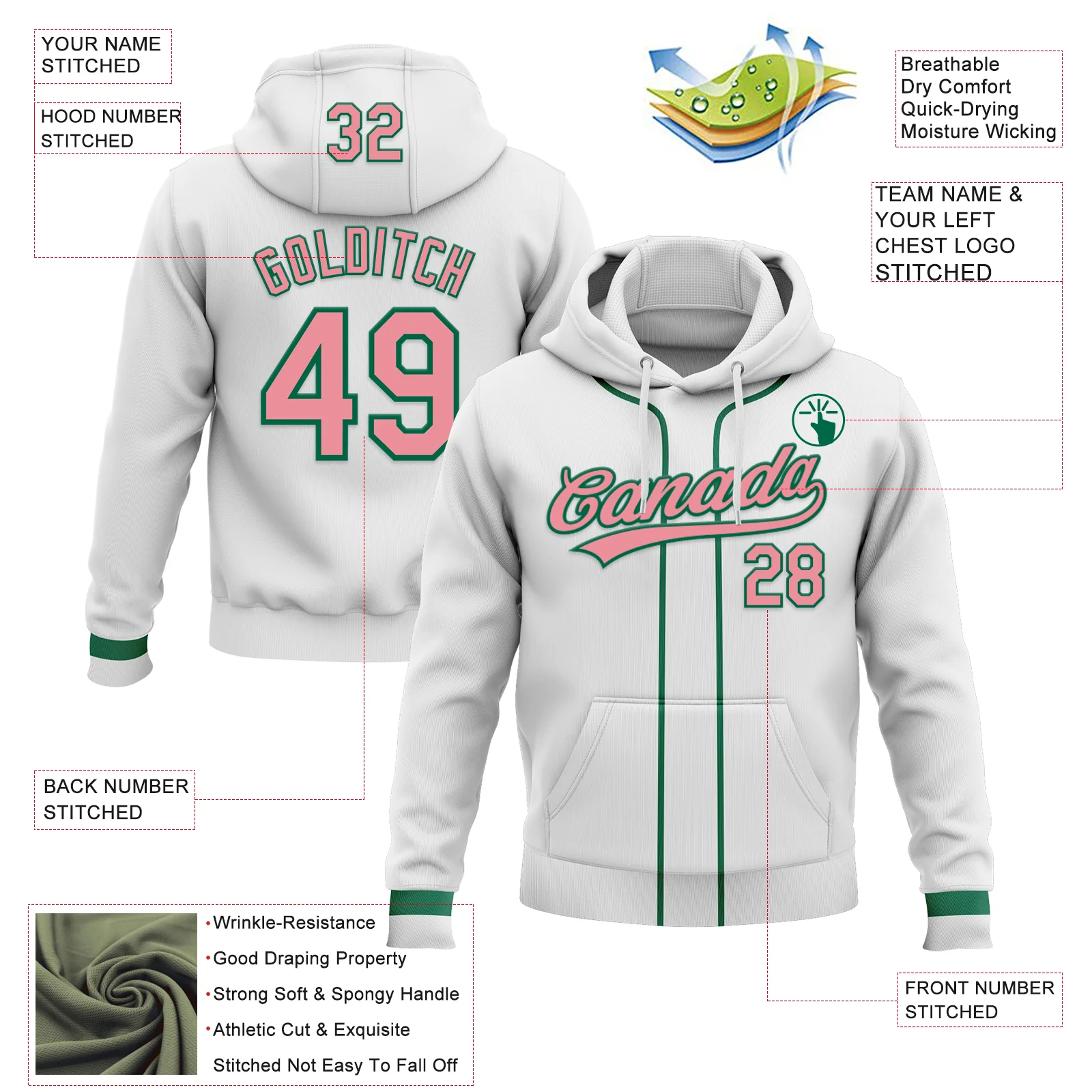 Custom Stitched White Medium Pink-Kelly Green Baseball Pullover Sweatshirt Hoodie - Image 2