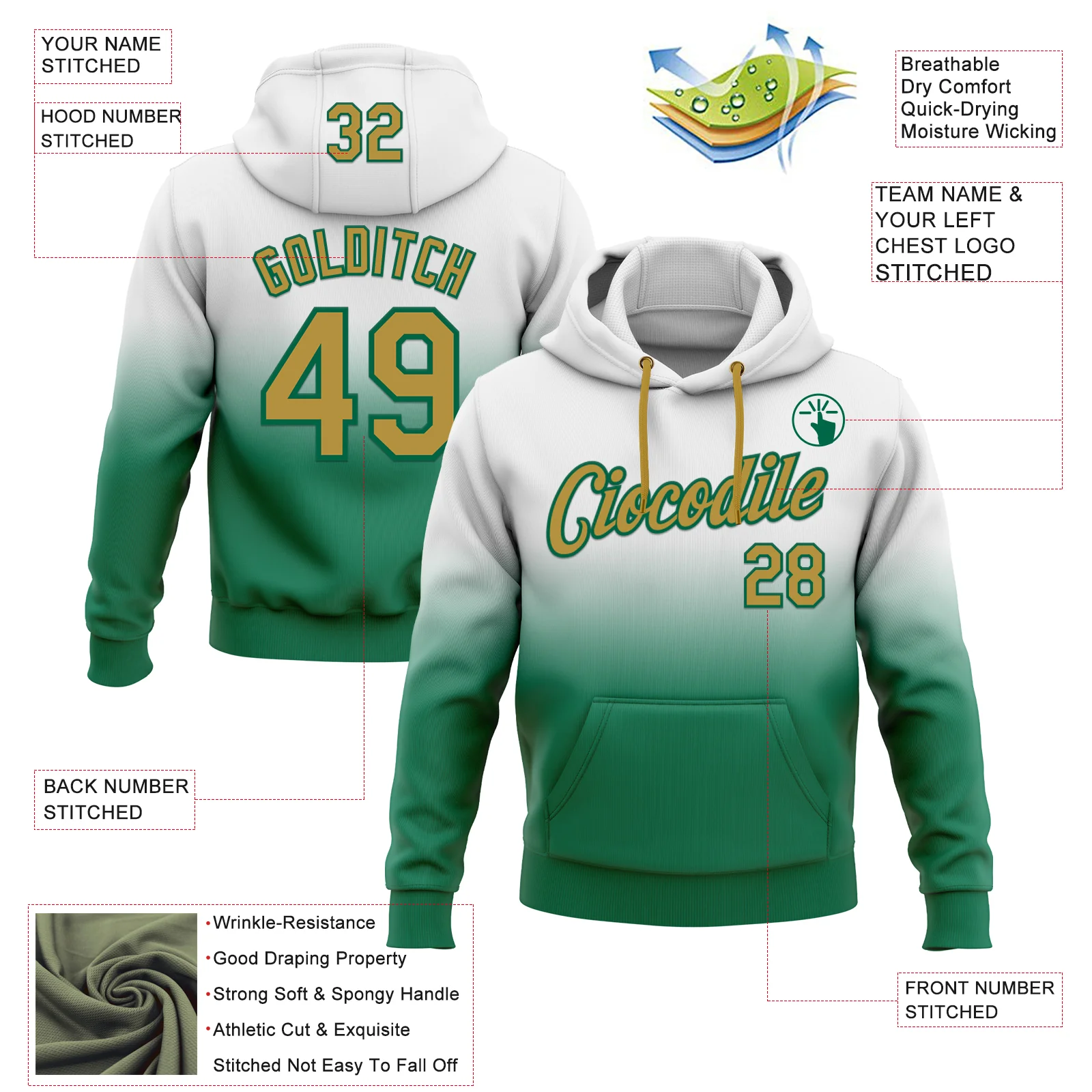 Custom Stitched White Old Gold-Kelly Green Fade Fashion Sports Pullover Sweatshirt Hoodie - Image 2