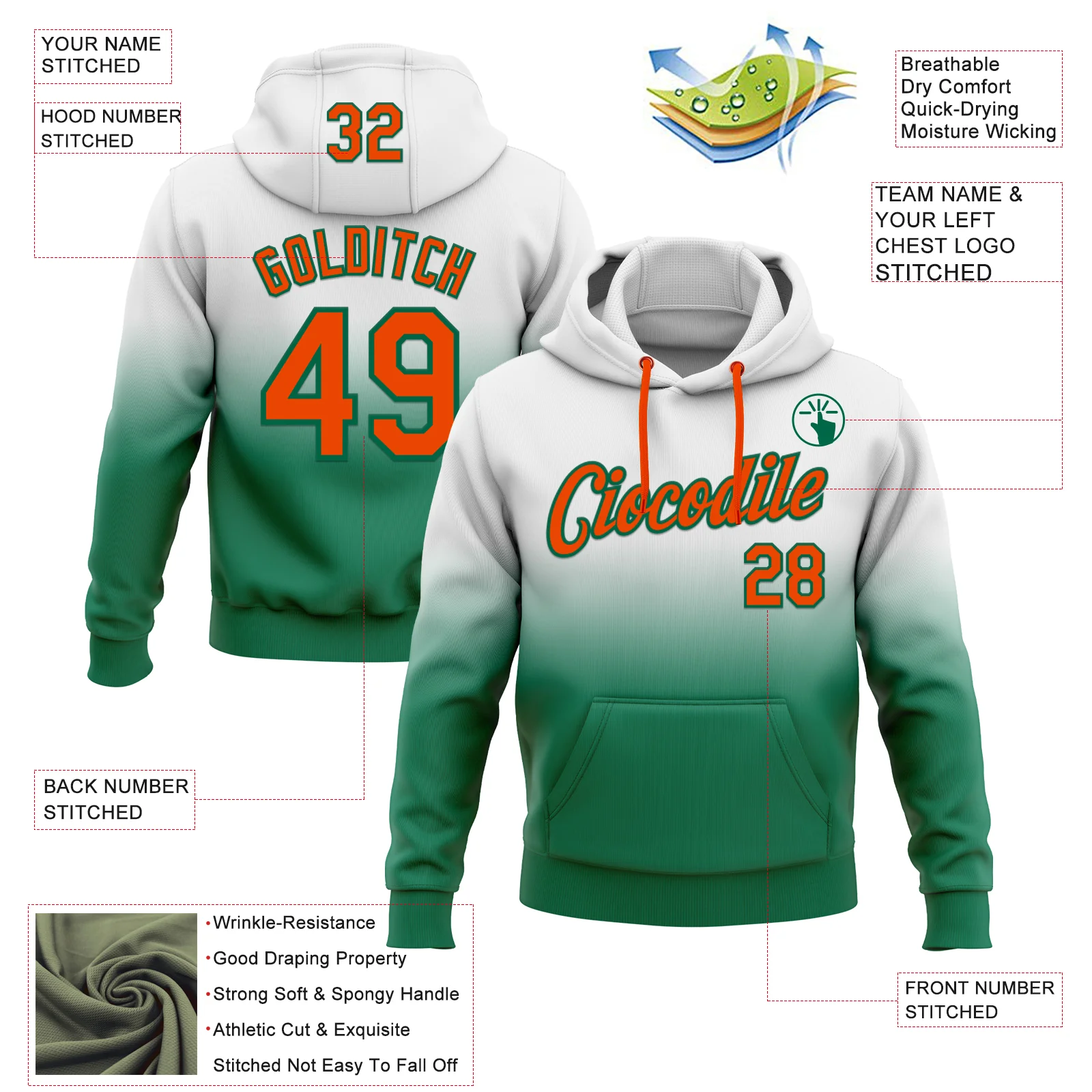 Custom Stitched White Orange-Kelly Green Fade Fashion Sports Pullover Sweatshirt Hoodie - Image 2