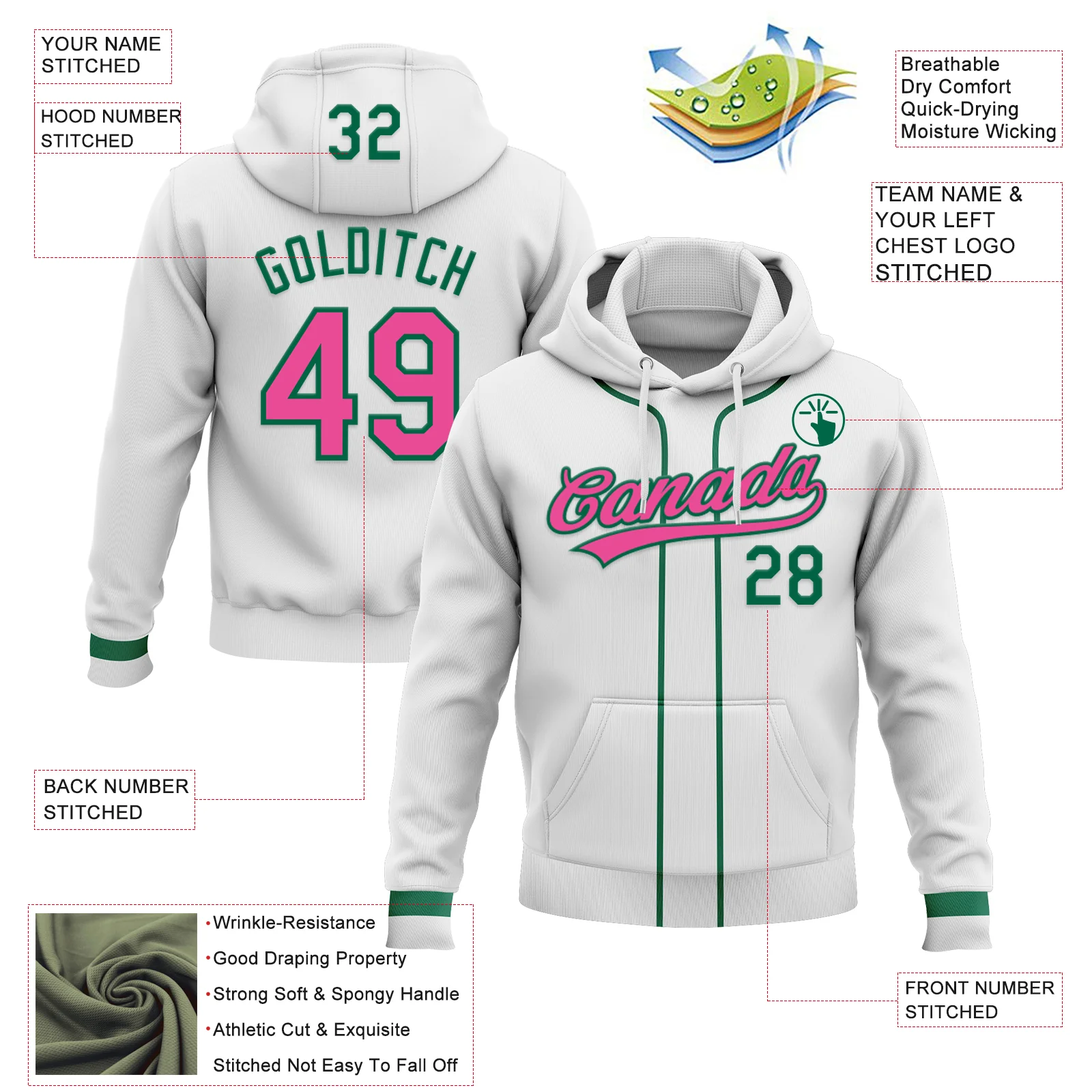 Custom Stitched White Pink-Kelly Green Baseball Pullover Sweatshirt Hoodie - Image 2