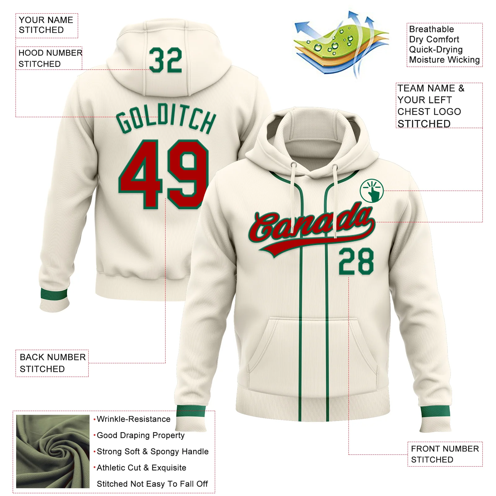 Custom Stitched Cream Red-Kelly Green Baseball Pullover Sweatshirt Hoodie - Image 2