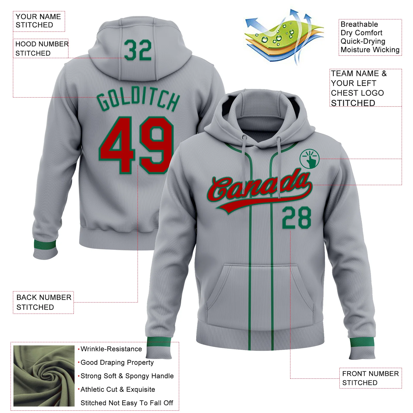 Custom Stitched Gray Red-Kelly Green Baseball Pullover Sweatshirt Hoodie - Image 2