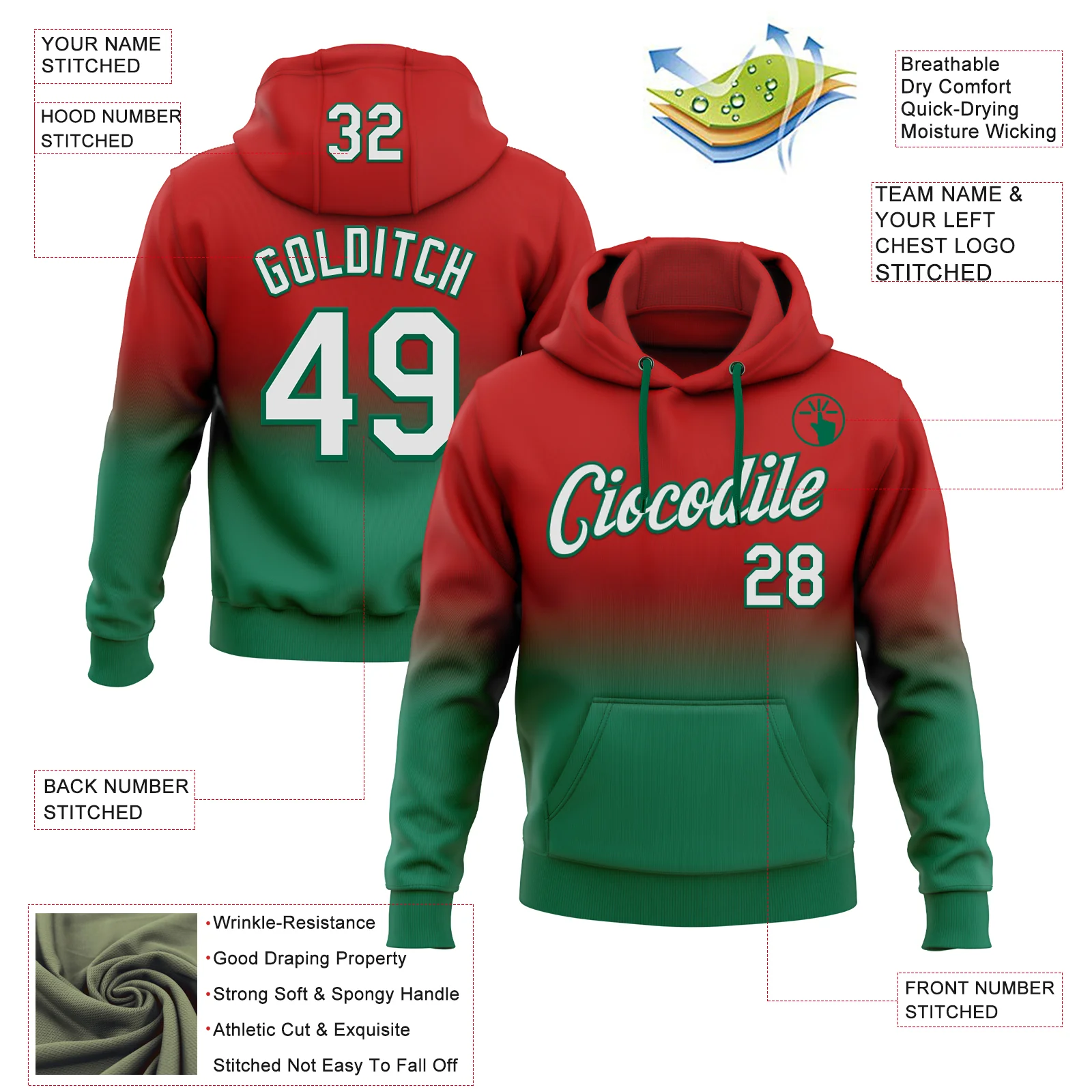 Custom Stitched Red White-Kelly Green Fade Fashion Sports Pullover Sweatshirt Hoodie - Image 2