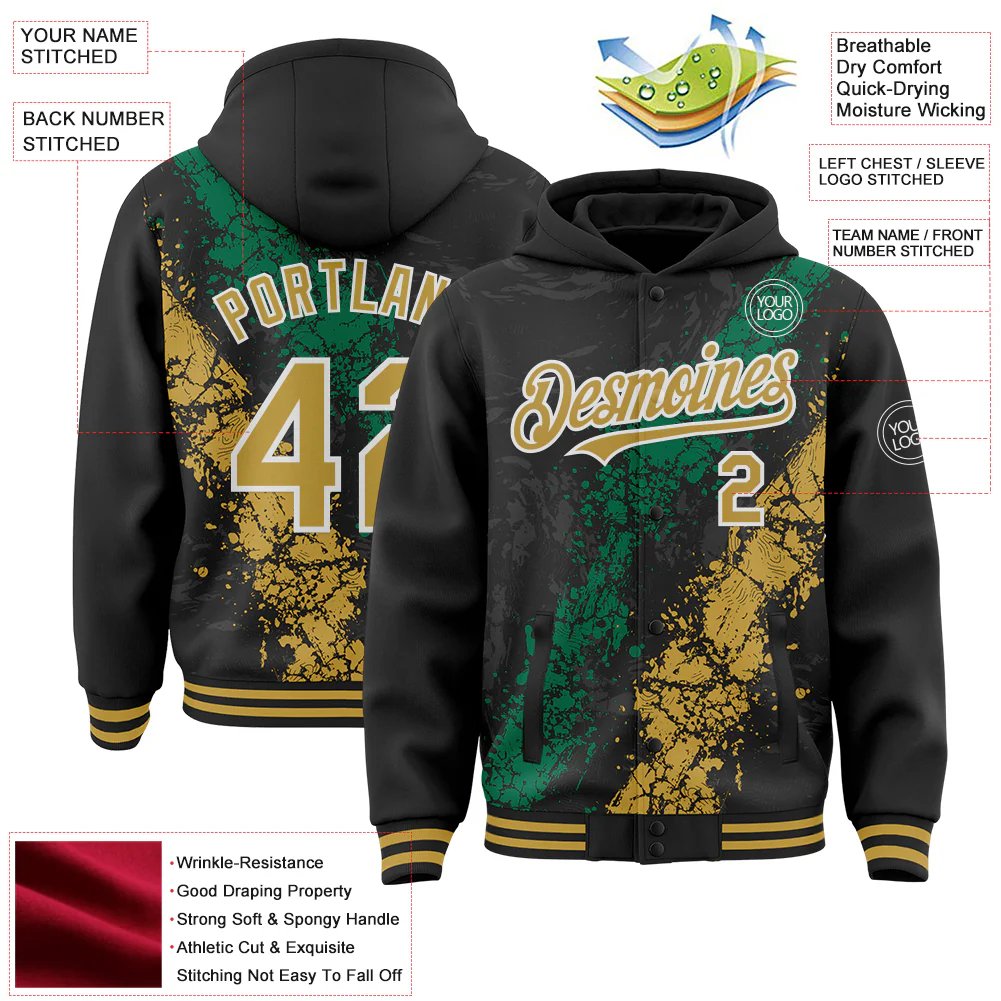 Custom Black Old Gold Kelly Green-White Splash Art 3D Pattern Design Bomber Full-Snap Varsity Letterman Hoodie Jacket - Image 4