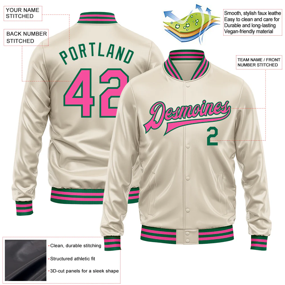 Custom Cream Pink-Kelly Green Bomber Full-Snap Varsity Faux Leather Letterman Jacket - Image 2