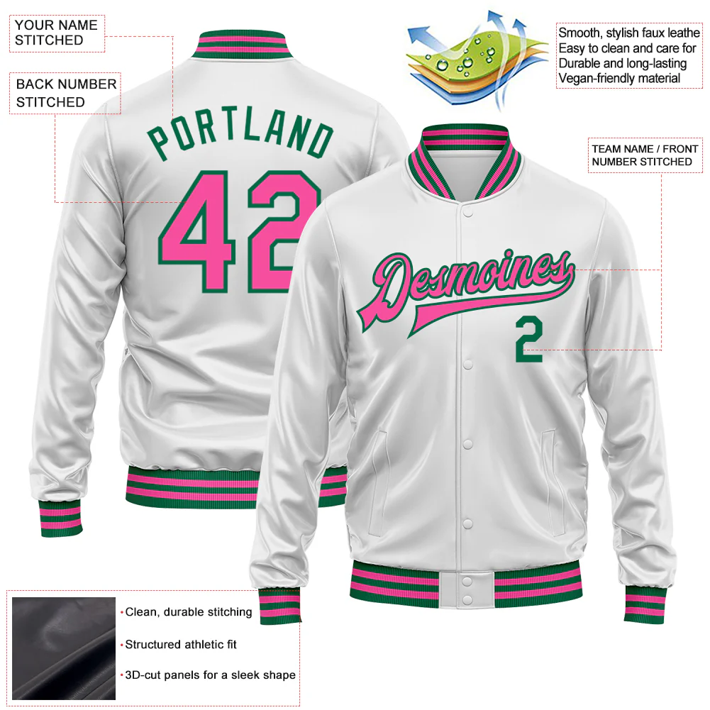 Custom White Pink-Kelly Green Bomber Full-Snap Varsity Faux Leather Letterman Jacket - Image 2